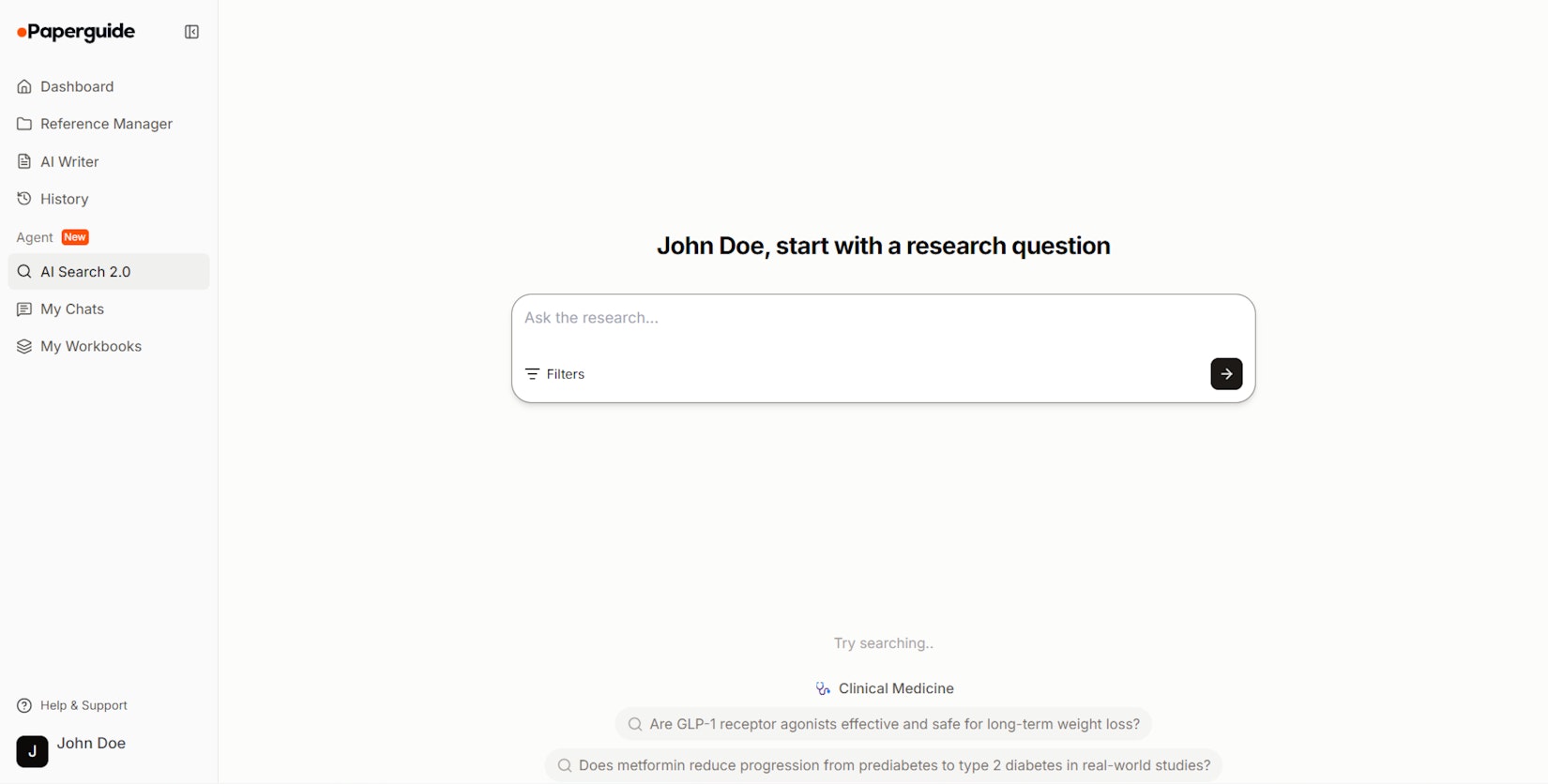 AI Search 2.0 search bar on Paperguide dashboard