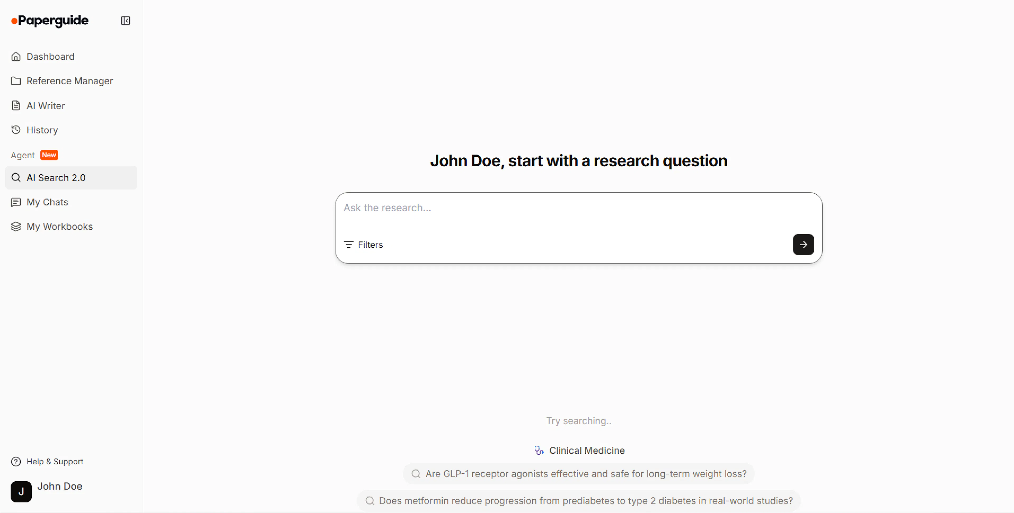 AI Search 2.0 search bar on Paperguide dashboard