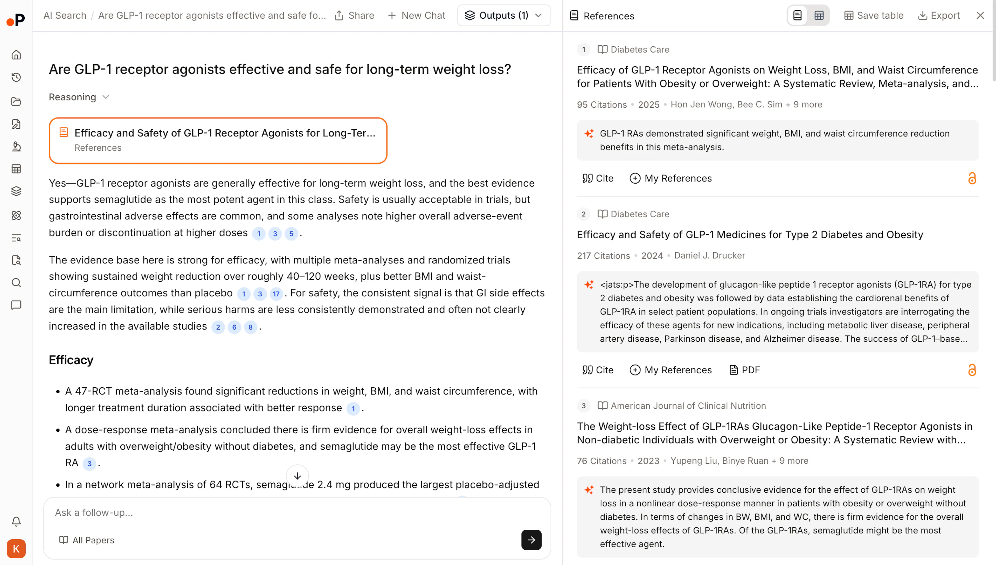 AI Search results view showing synthesized answer alongside the Top 20 reference list