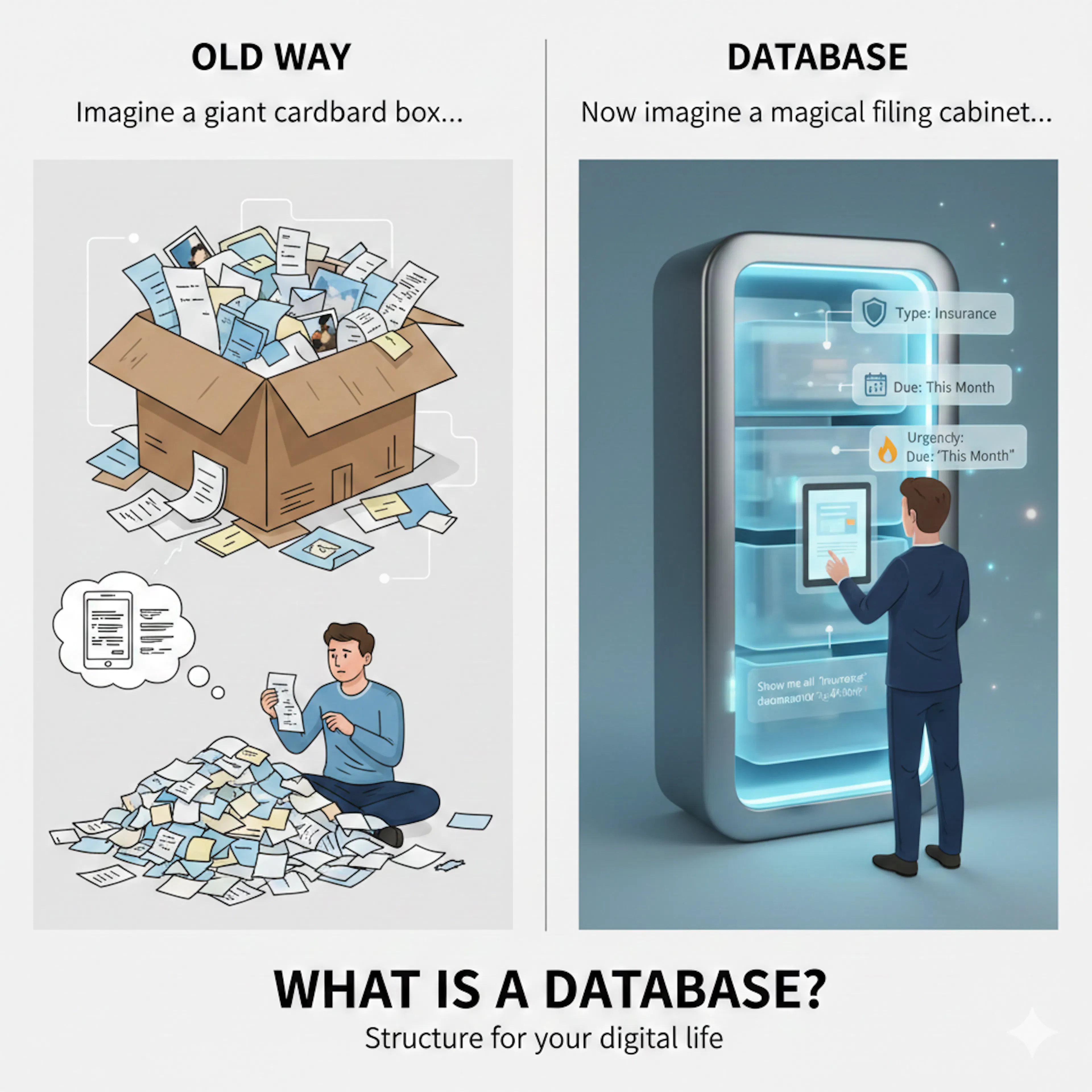 Split image comparing old and new data storage: Left shows a person overwhelmed by papers from a messy box. Right shows a person using a digital, glowing filing cabinet labelled with organised digital files. Text: What is a database?.