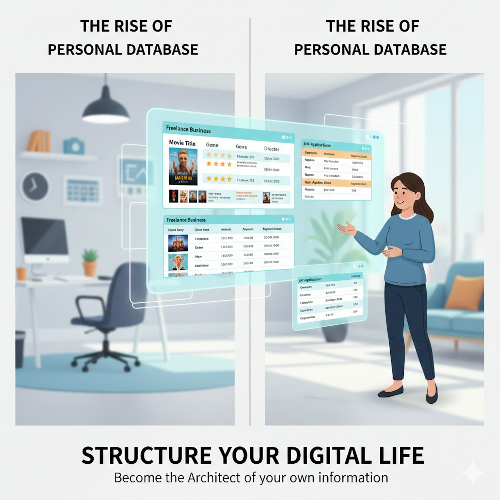 A woman stands in a modern office, interacting with floating digital database cards displaying film and business records. Text reads: The Rise of Personal Database—Structure Your Digital Life.