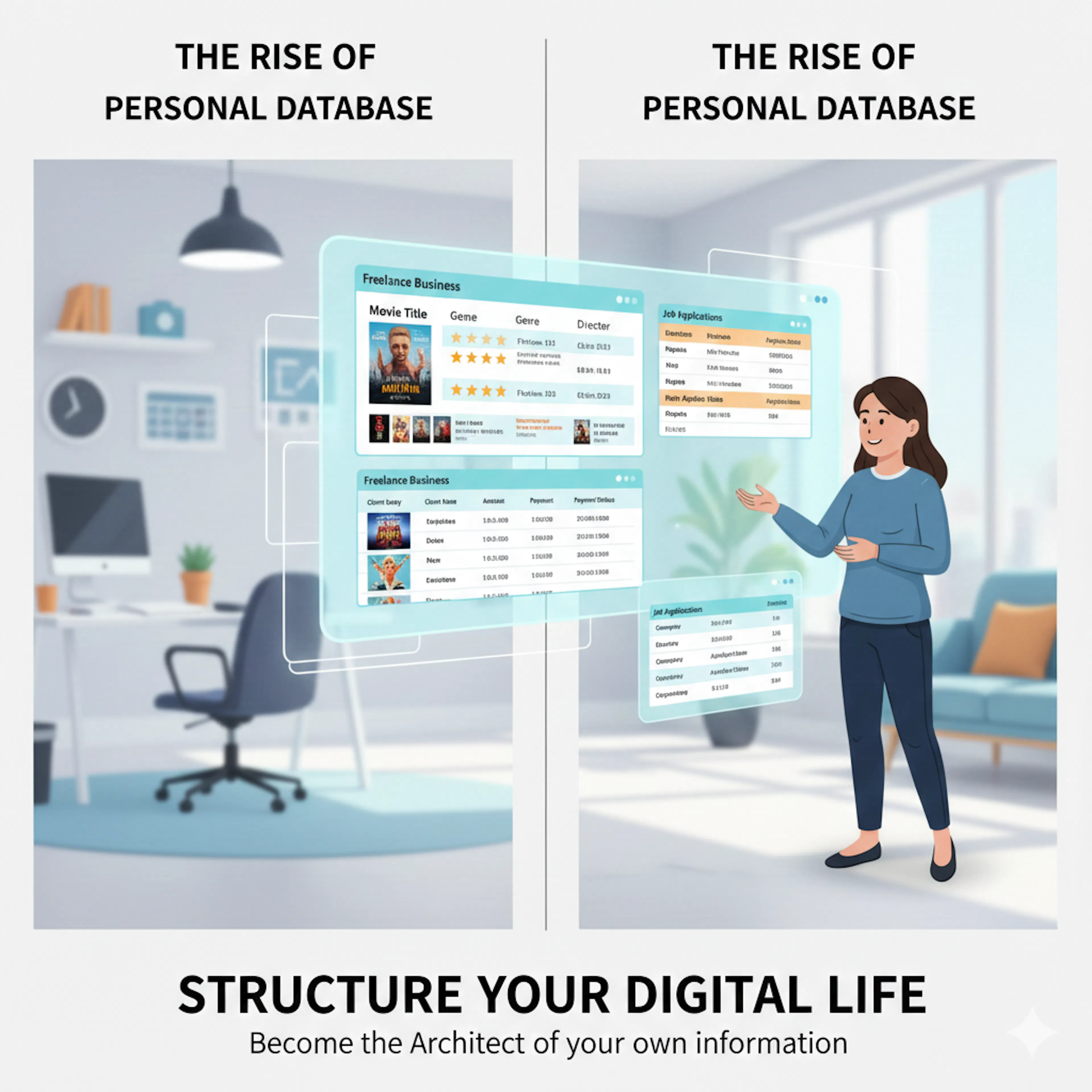 A woman stands in a modern office, interacting with floating digital database cards displaying film and business records. Text reads: The Rise of Personal Database—Structure Your Digital Life.