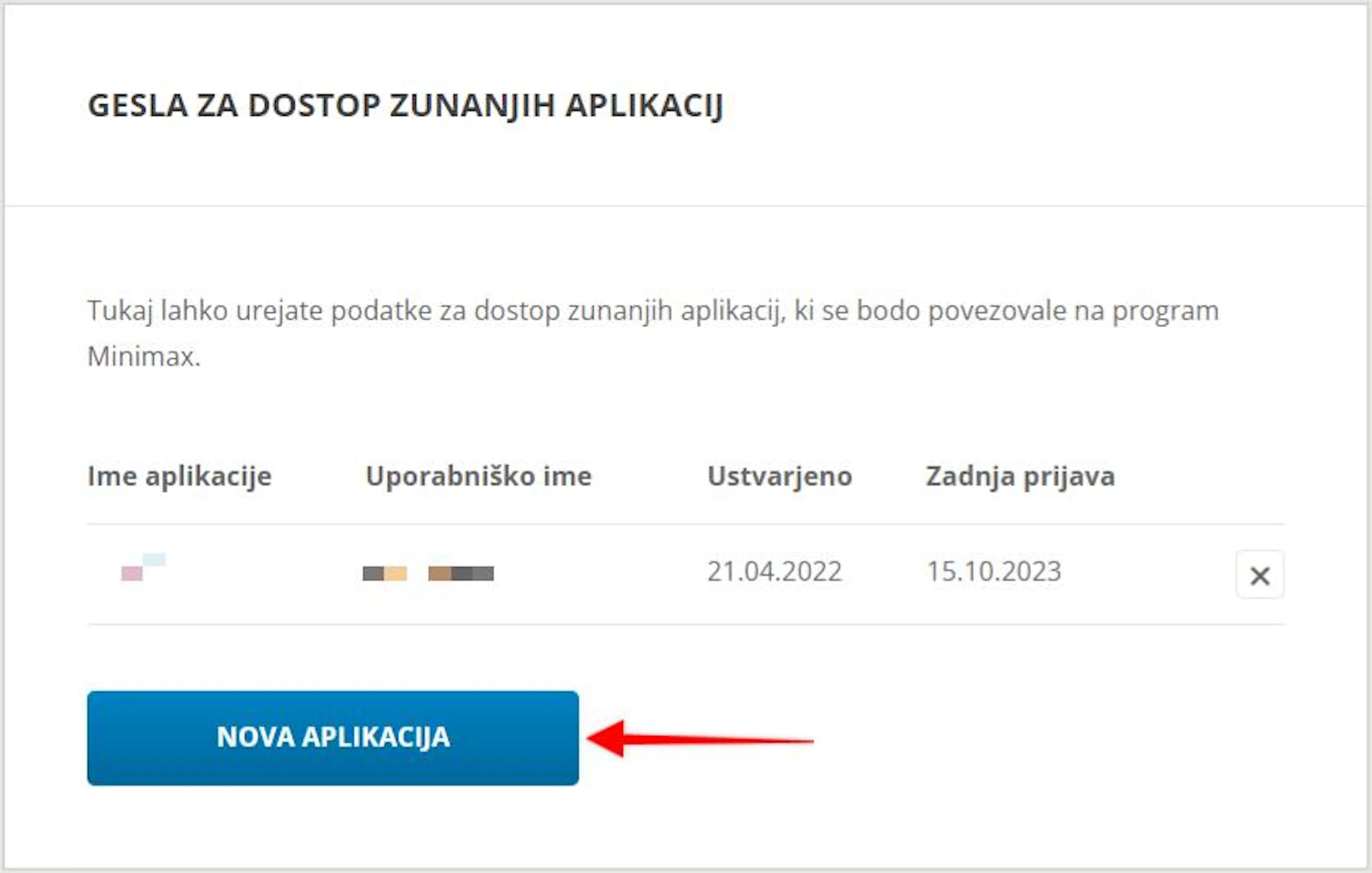 Minimax – gumb Nova aplikacija v razdelku Gesla za dostop zunanjih aplikacij