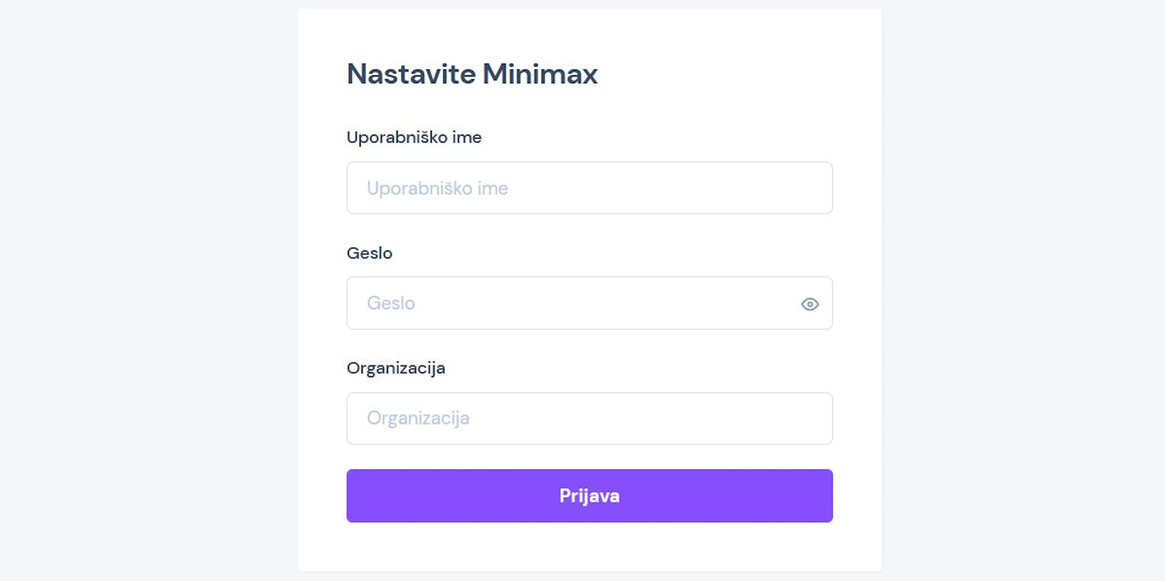 eHero – obrazec Nastavite Minimax s polji Uporabniško ime, Geslo in Organizacija