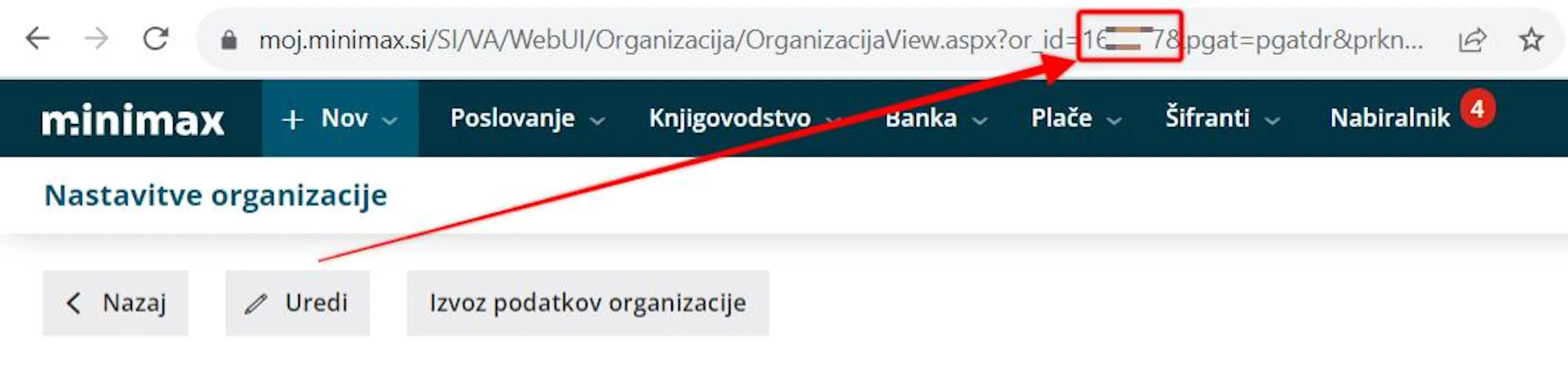 Minimax – prikaz ID organizacije v URL naslovu na strani Uredi organizacijo