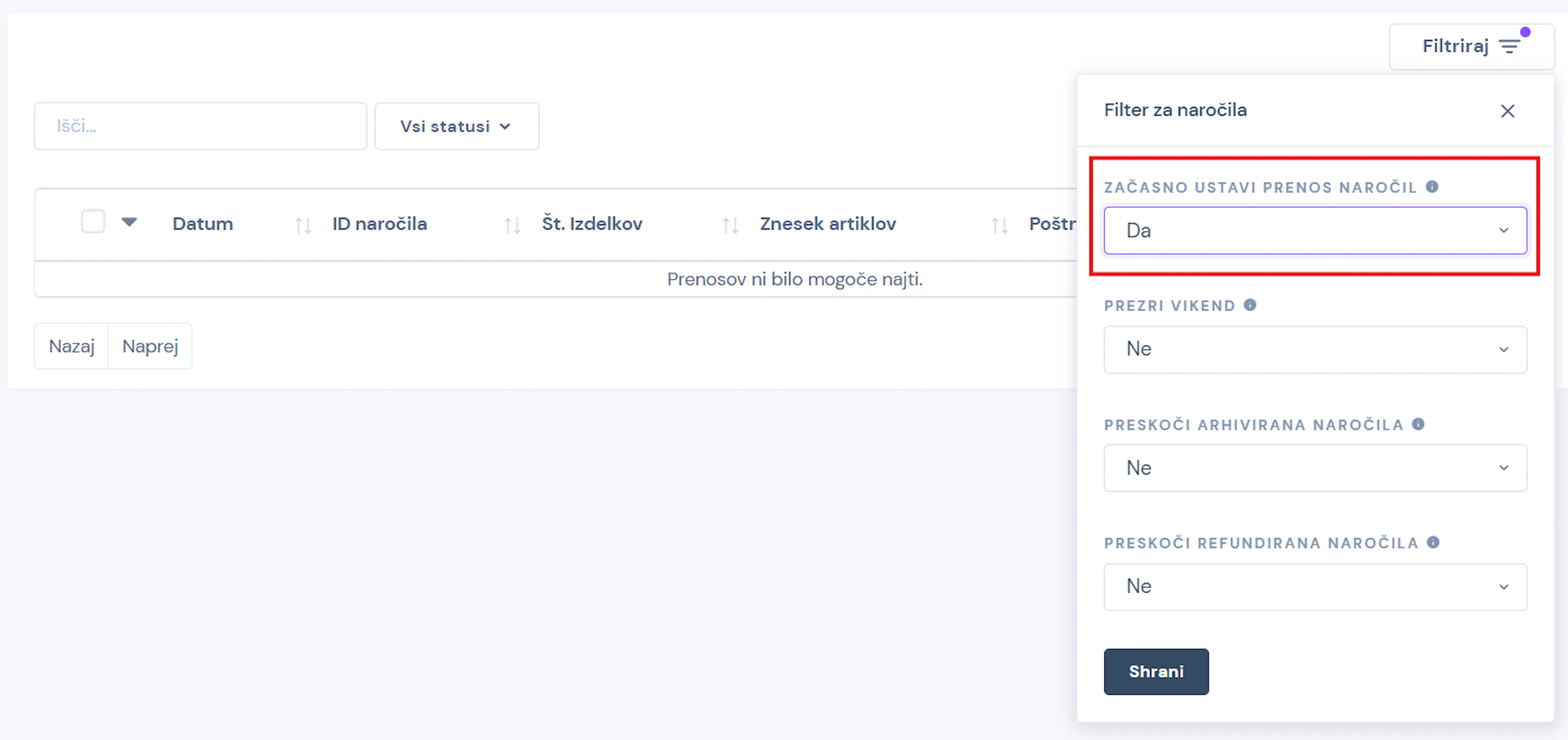 eHero – filter naročil z izbrano možnostjo Začasno ustavi prenos naročil nastavljeno na Da.