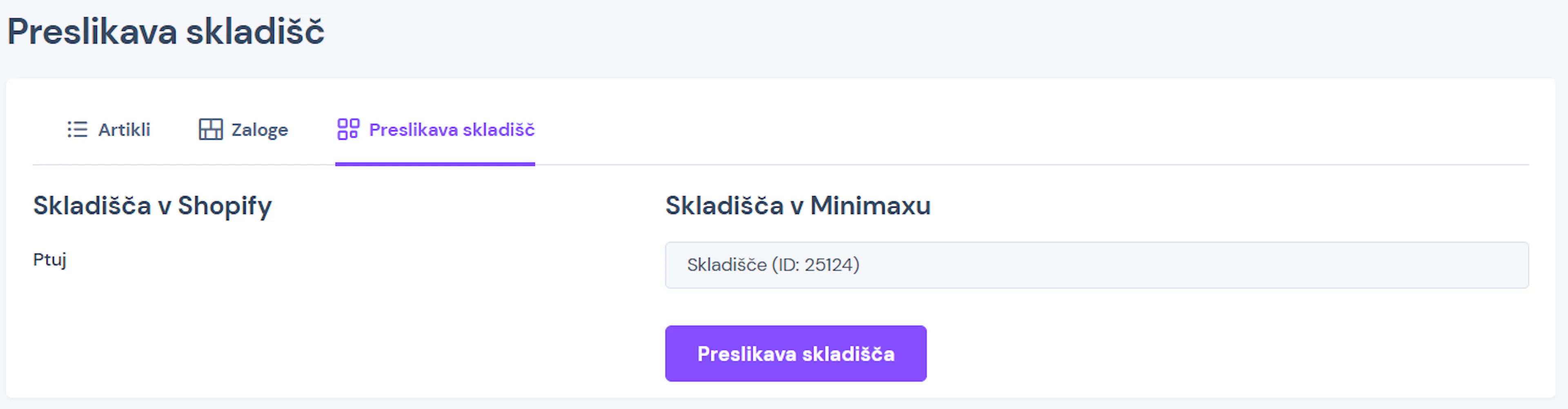 Preslikava skladišč med Shopify in Minimaxom v aplikaciji eHero.