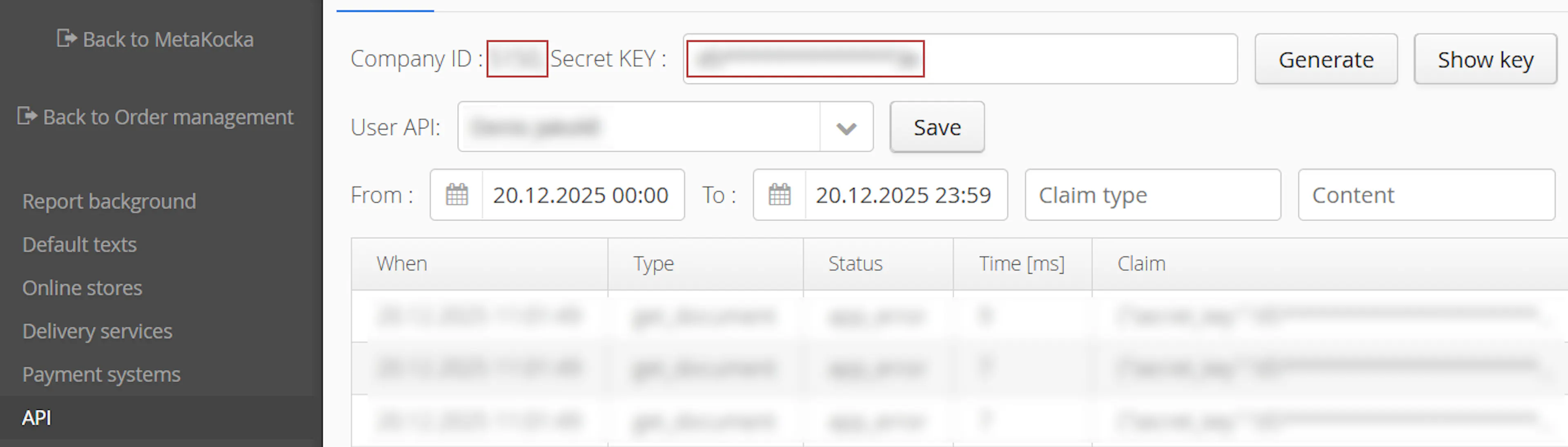 API nastavitve v Metakocki s prikazom Company ID in Secret Key
