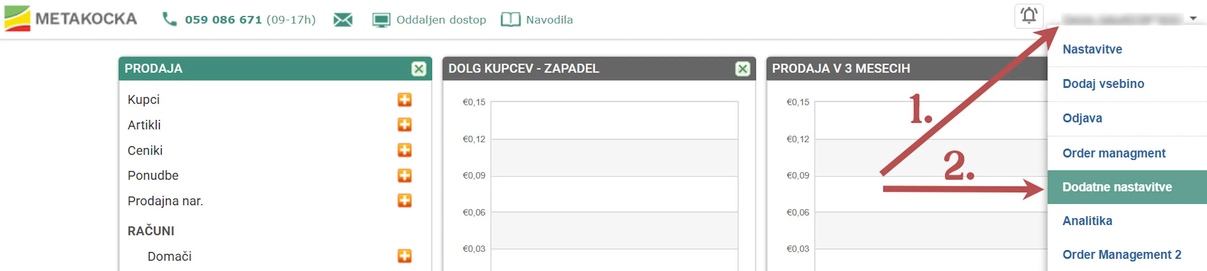 Uporabniški meni v Metakocki z možnostjo Dodatne nastavitve