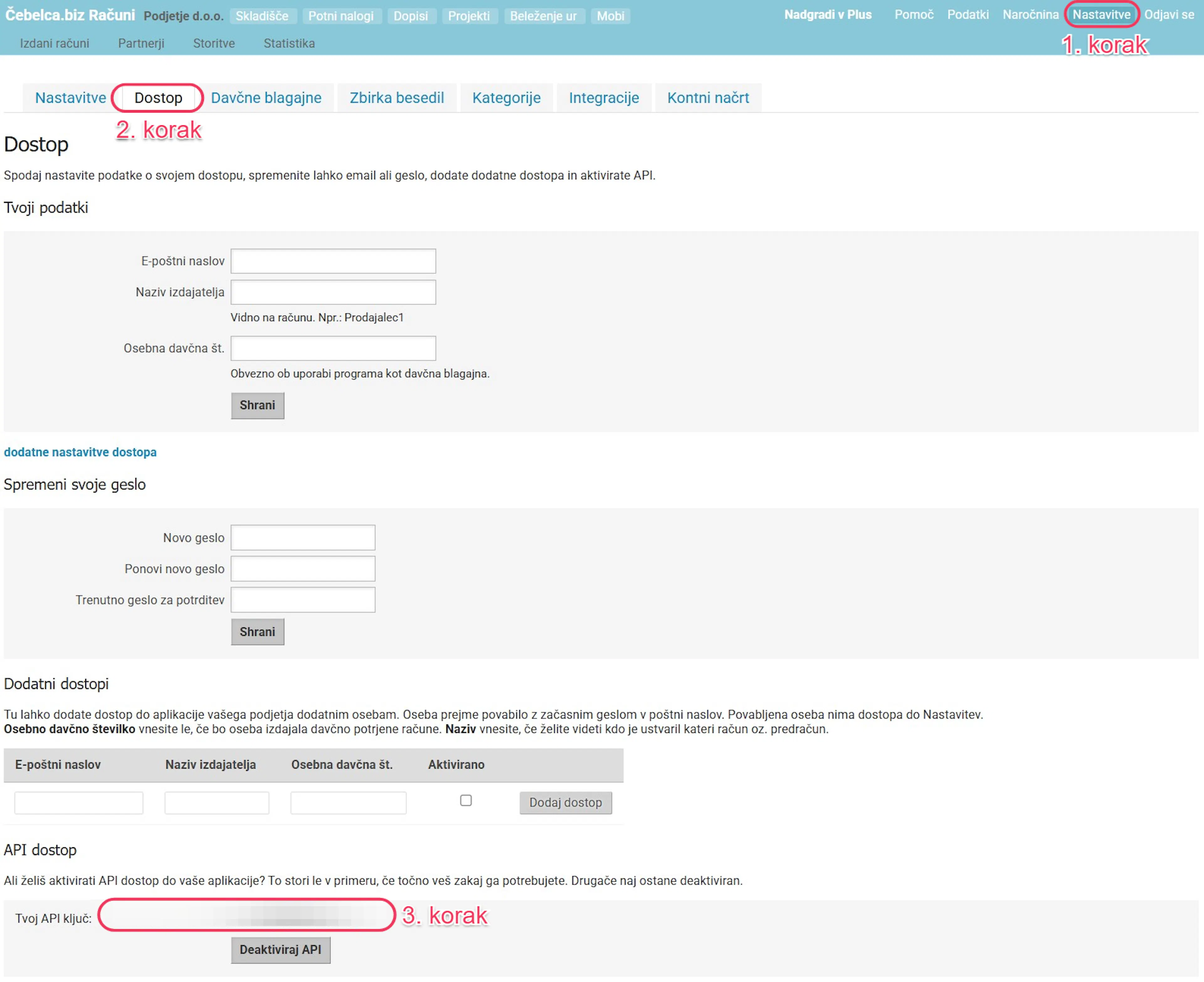 Nastavitve v Čebelci z odprtim zavihkom Dostop in prikazanim API ključem
