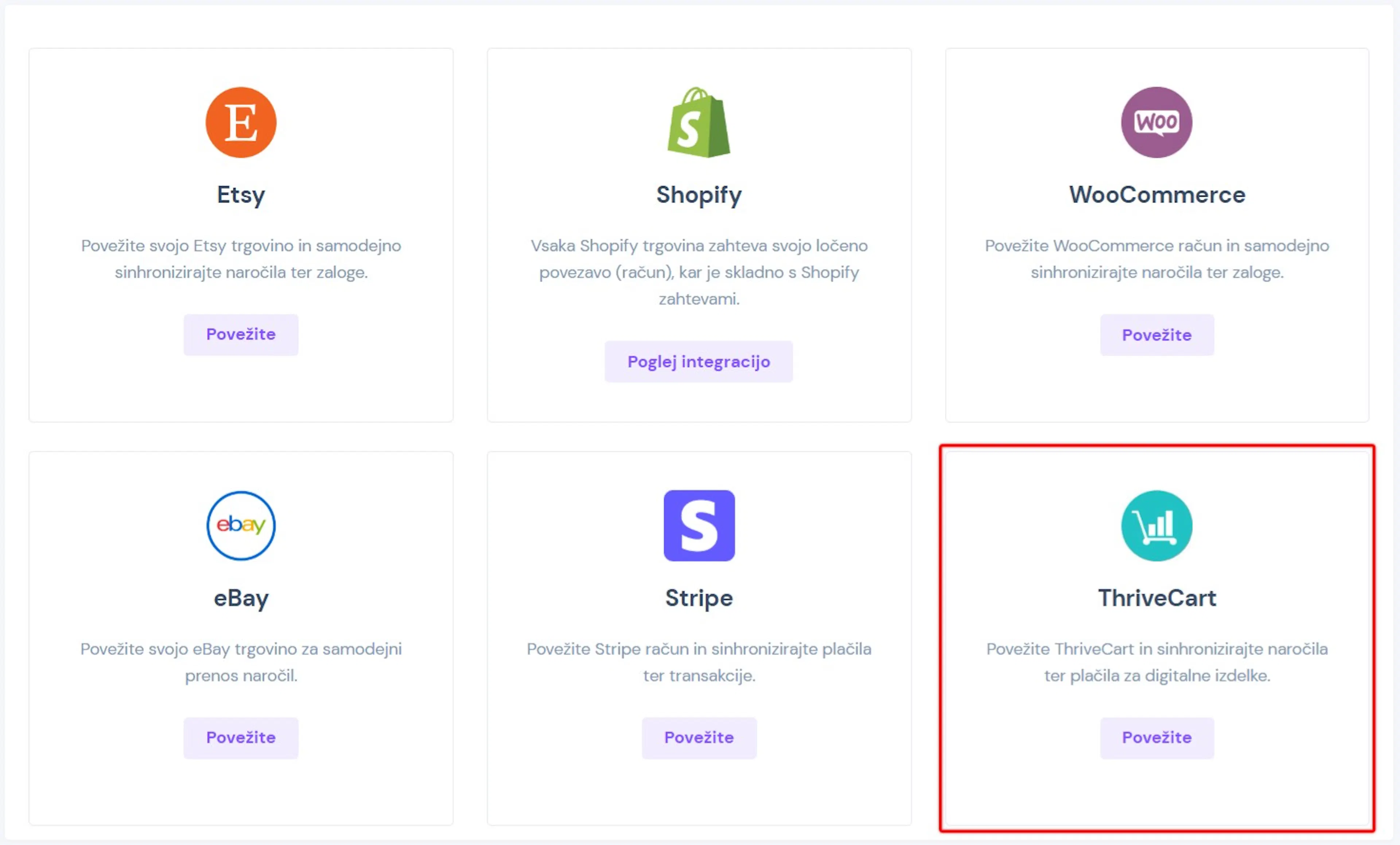 Stran za povezavo integracij v eHero z več karticami ponudnikov, kjer izberite kartico ThriveCart za povezavo naročil in plačil.