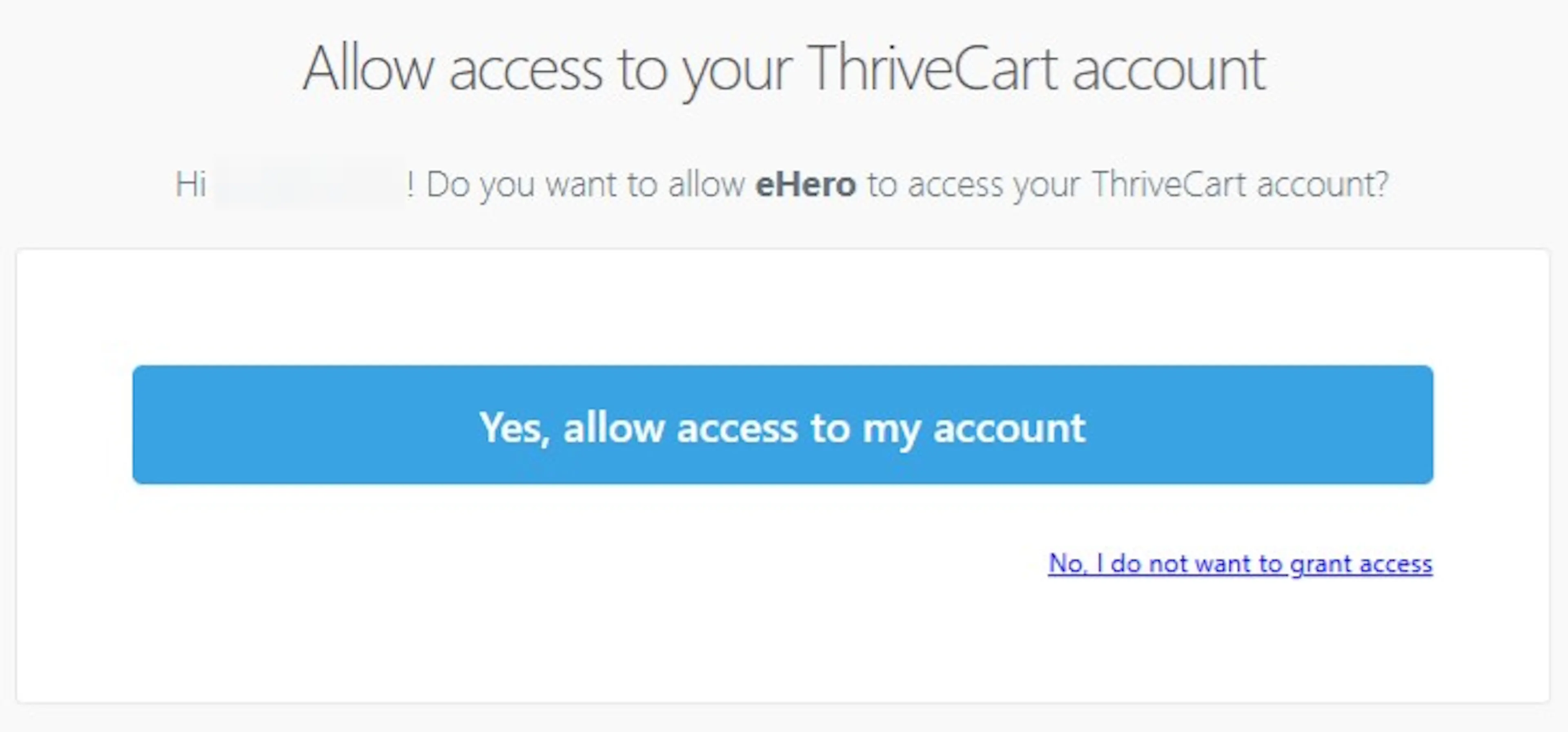 ThriveCart avtorizacijska stran z vprašanjem za dovoljenje dostopa do računa in gumbom Yes, allow access to my account za potrditev povezave z eHero.