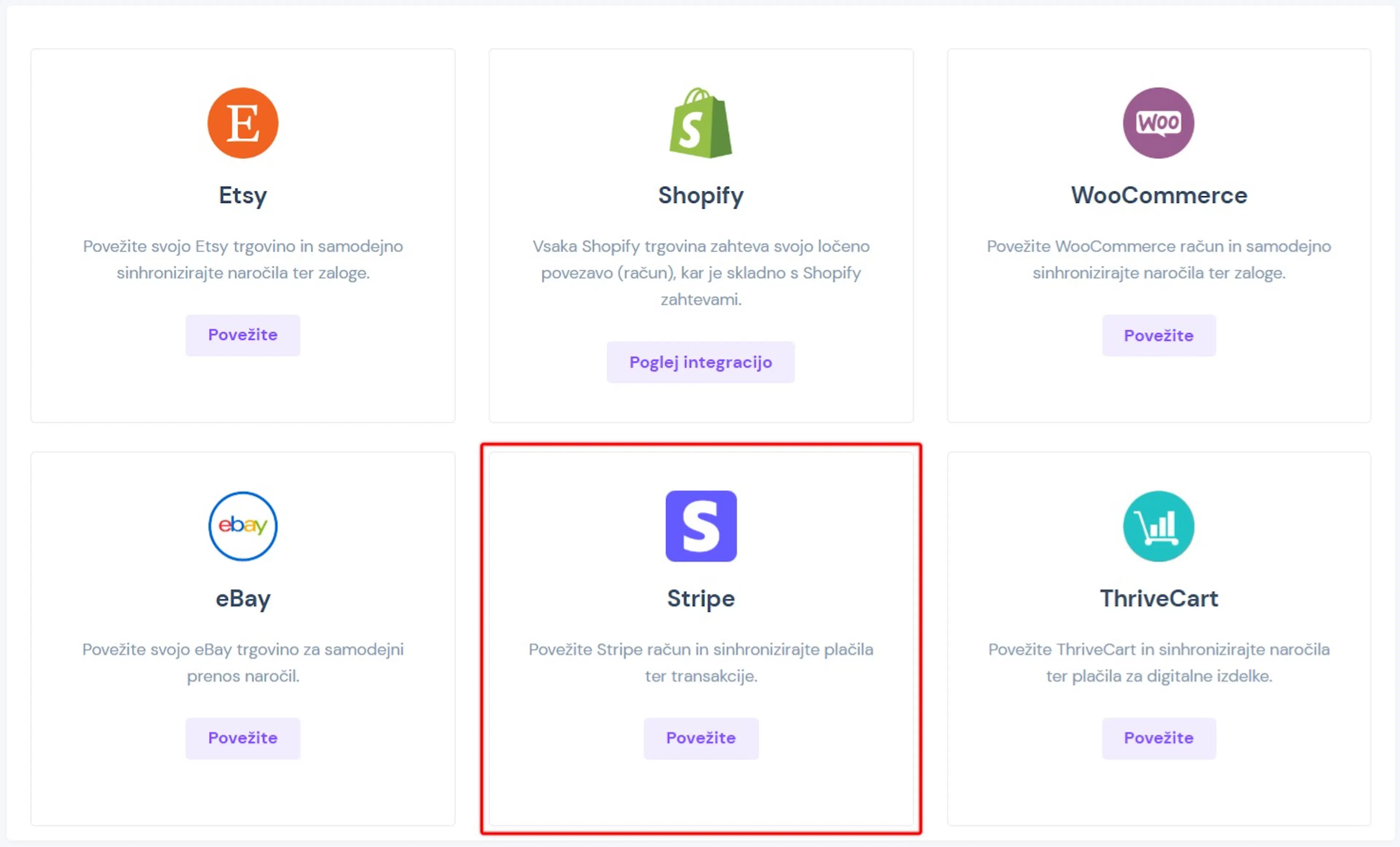Stran v eHero z več možnostmi povezave, kjer je označena kartica Stripe za povezavo računa in sinhronizacijo plačanih računov.