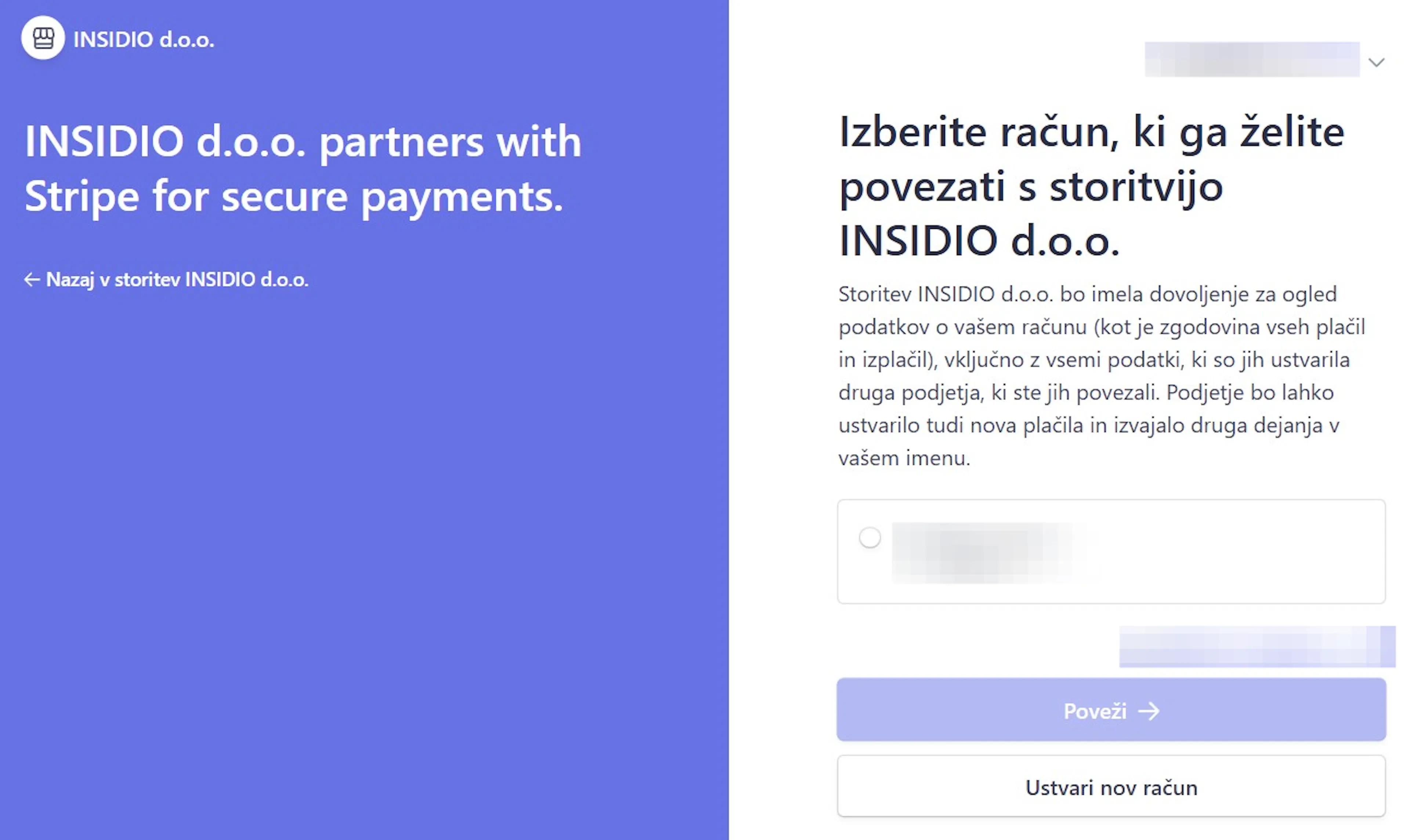 Stripe avtorizacijska stran, kjer uporabnik izbere Stripe račun za povezavo z eHero prek varne uradne OAuth povezave.