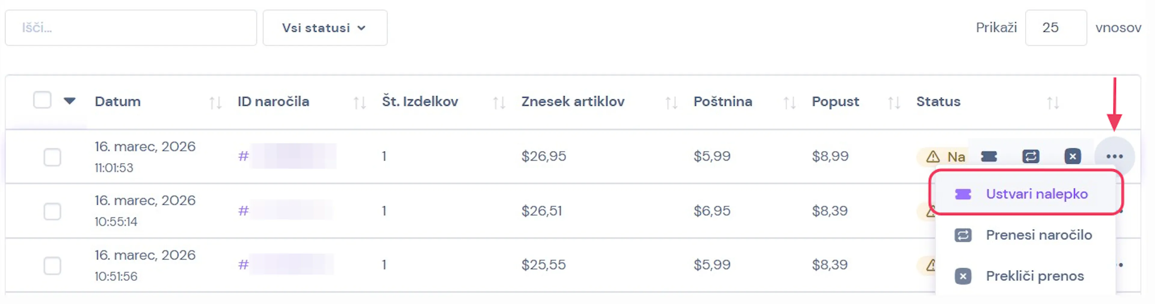 Seznam naročil v eHero z odprtim menijem dodatnih možnosti, kjer je označena možnost »Ustvari nalepko«.