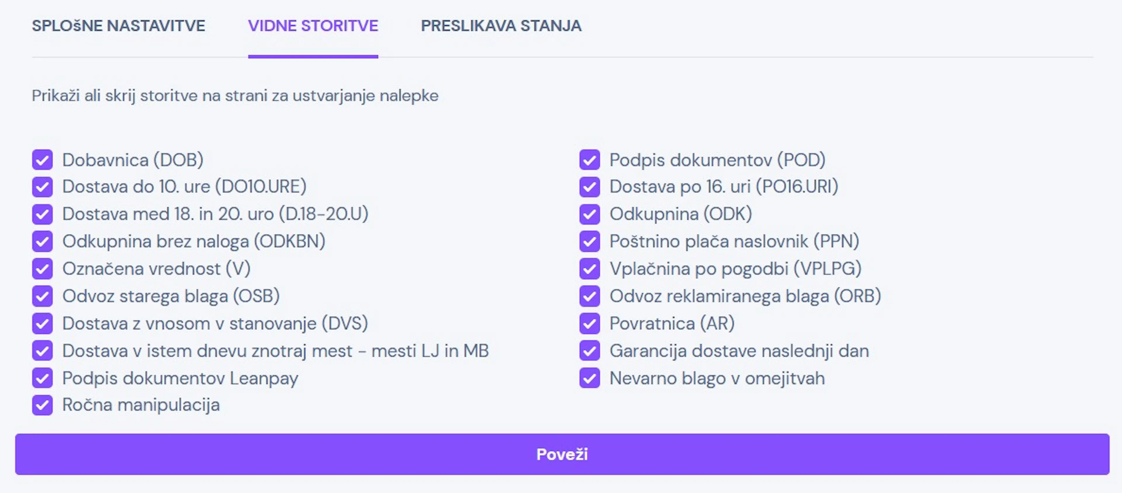 Zavihek Vidne storitve v nastavitvah eSpremnica v eHero, kjer uporabnik izbere, katere storitve Pošte Slovenije bodo prikazane pri ustvarjanju nalepke.