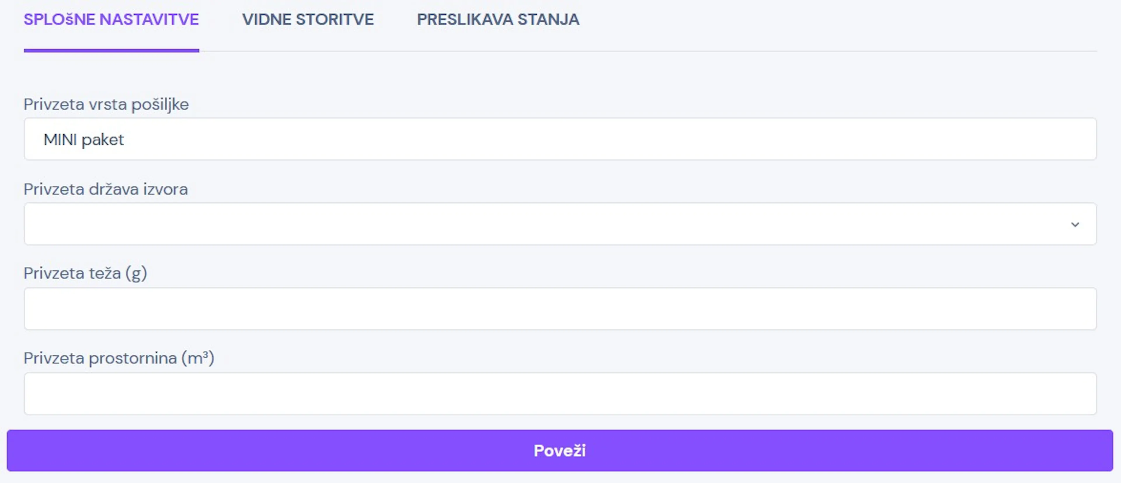 Zavihek Splošne nastavitve v nastavitvah eSpremnica v eHero, kjer uporabnik nastavi privzeto vrsto pošiljke, državo izvora, težo in prostornino pošiljke.