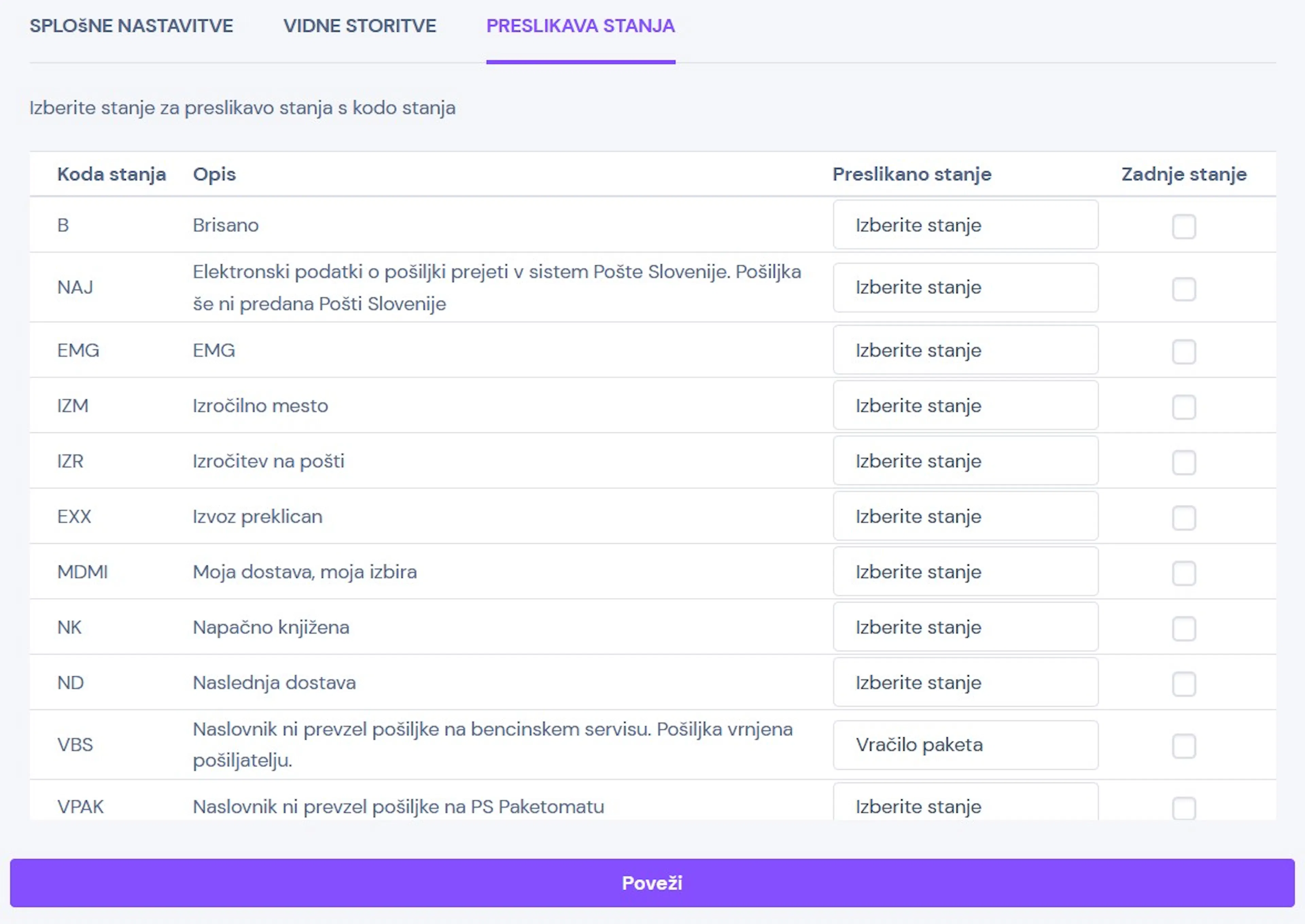 Zavihek Preslikava stanja v nastavitvah eSpremnica v eHero, kjer uporabnik za posamezne kode stanja Pošte Slovenije izbere ustrezno preslikano stanje in po potrebi označi zadnje stanje.