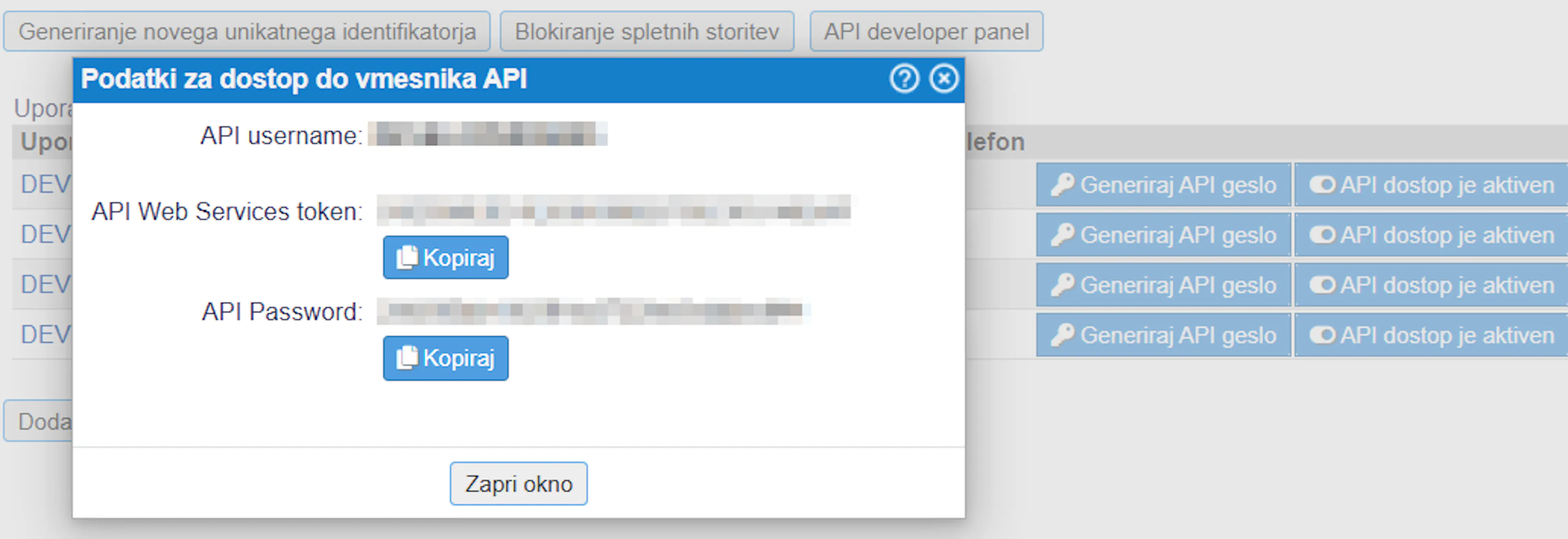 Prikaz generiranih API podatkov v e-računih, vključno z API username, API Password in API Web Services token.