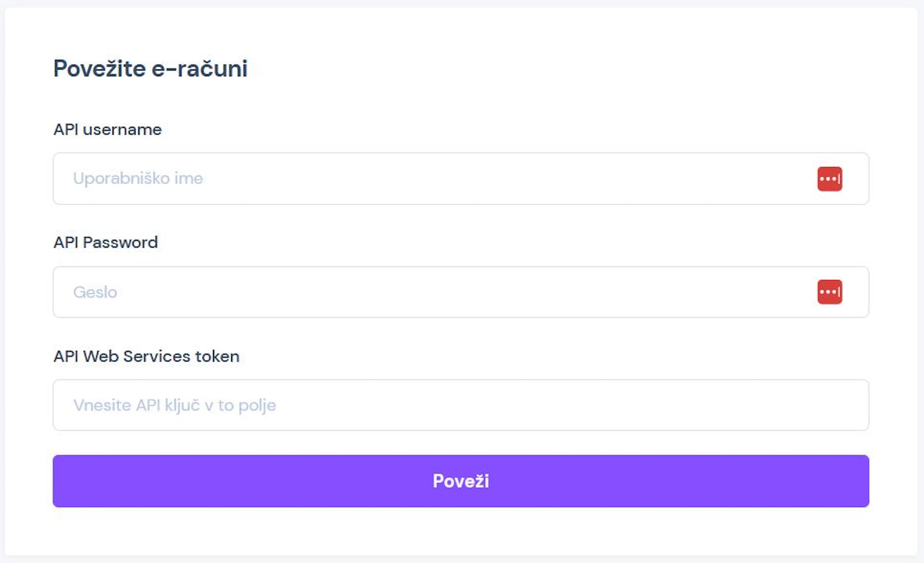 Obrazec v eHero za povezavo z e-računi z vnosnimi polji za API username, API Password in API Web Services token.