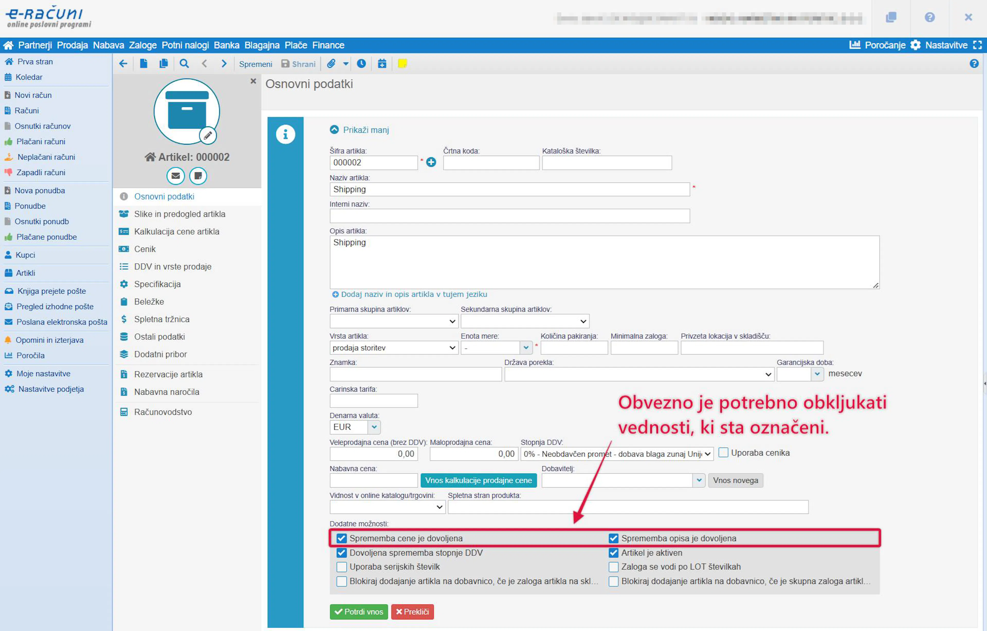 Dodatne možnosti artikla v e-računih z označenimi nastavitvami za spremembo cene, opisa, stopnje DDV in aktivnost artikla.