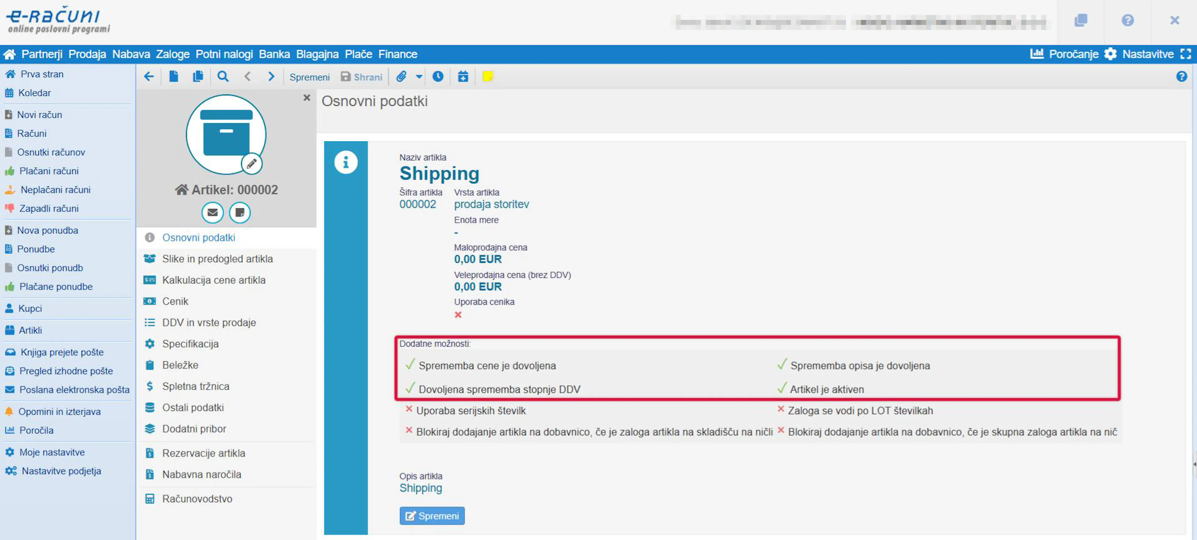 Pregled ustvarjenega artikla Shipping v e-računih z vidno šifro artikla in prikazanimi shranjenimi nastavitvami.