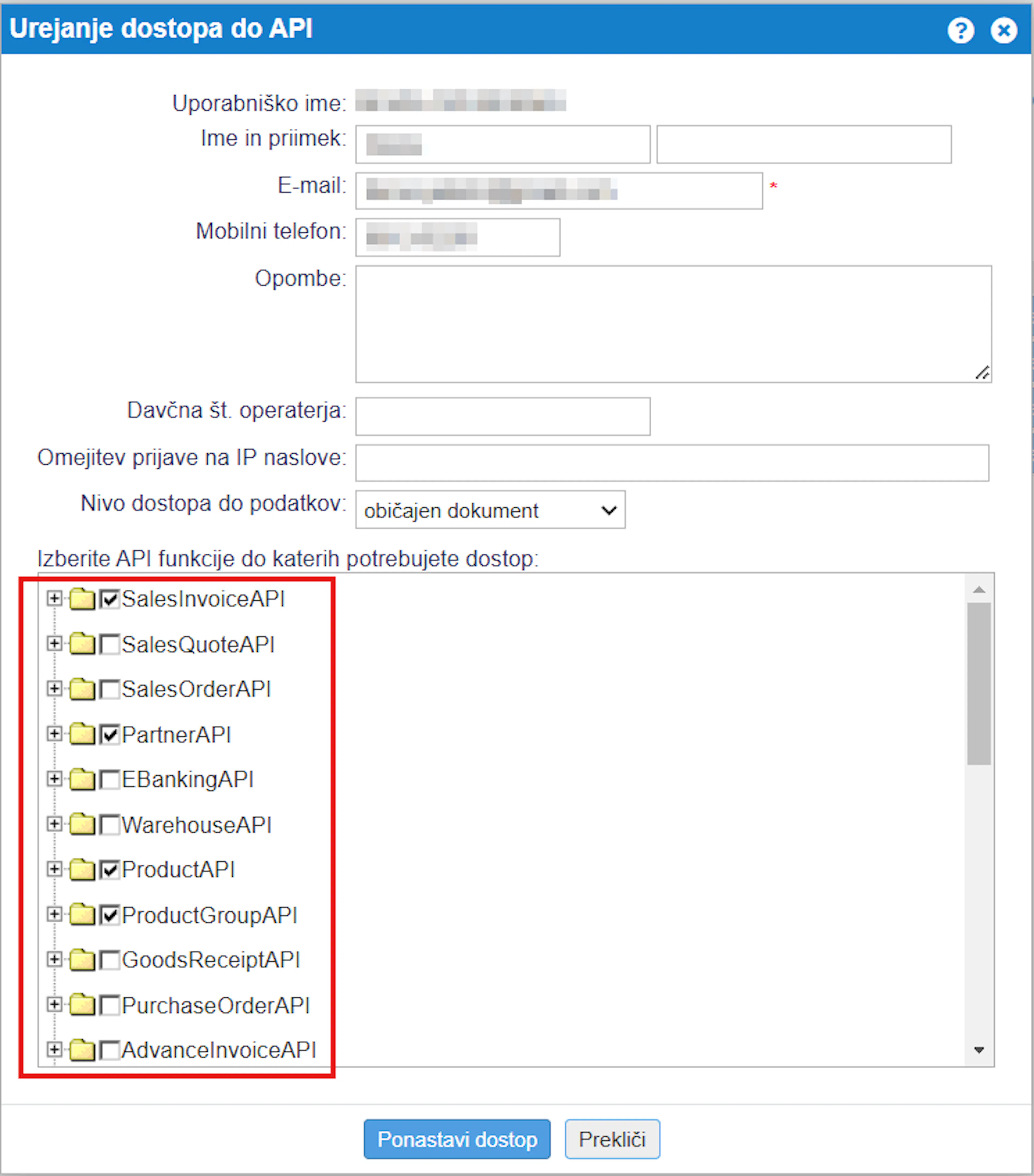 Okno Urejanje dostopa do API v e-računih z izbranimi API funkcijami za povezavo z eHero.