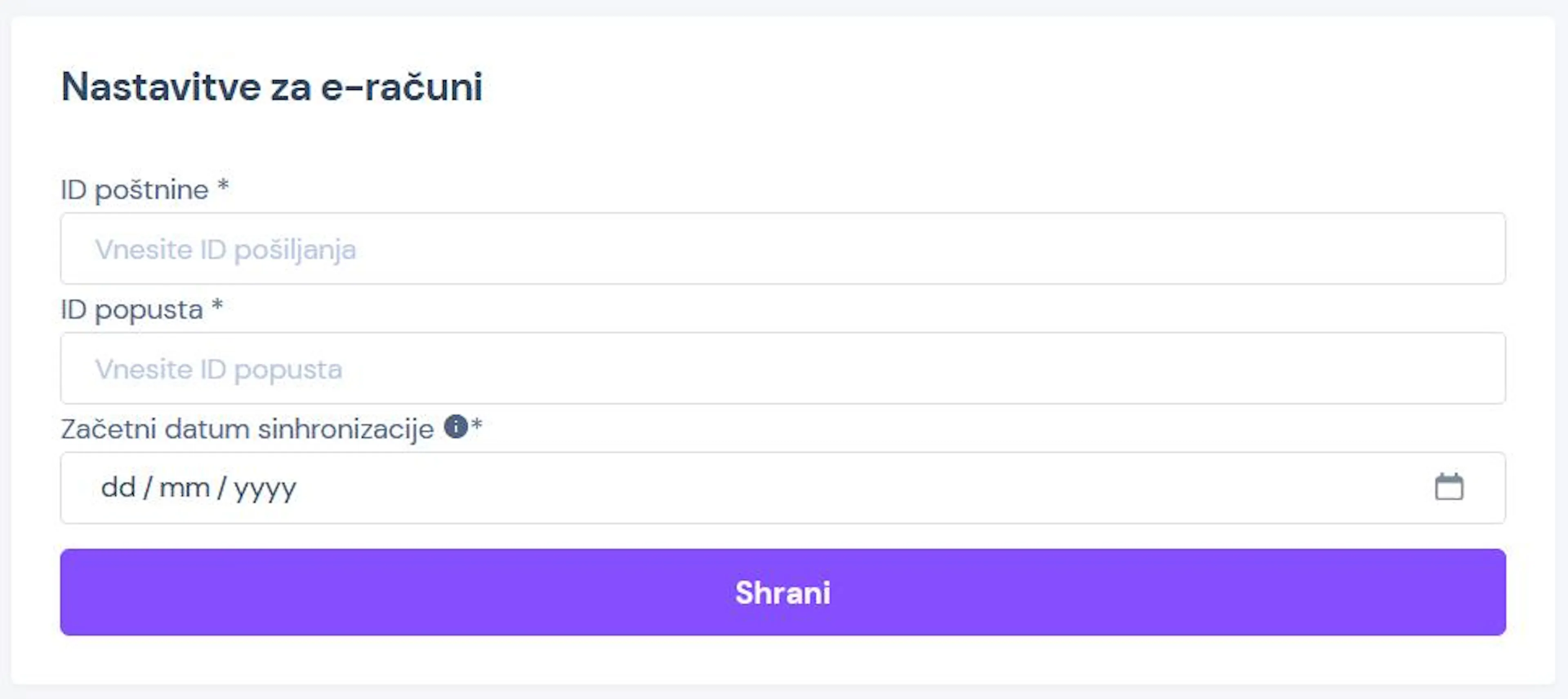 Nastavitve povezave z e-računi v eHero z vnosnimi polji za ID poštnine, ID popusta in začetni datum