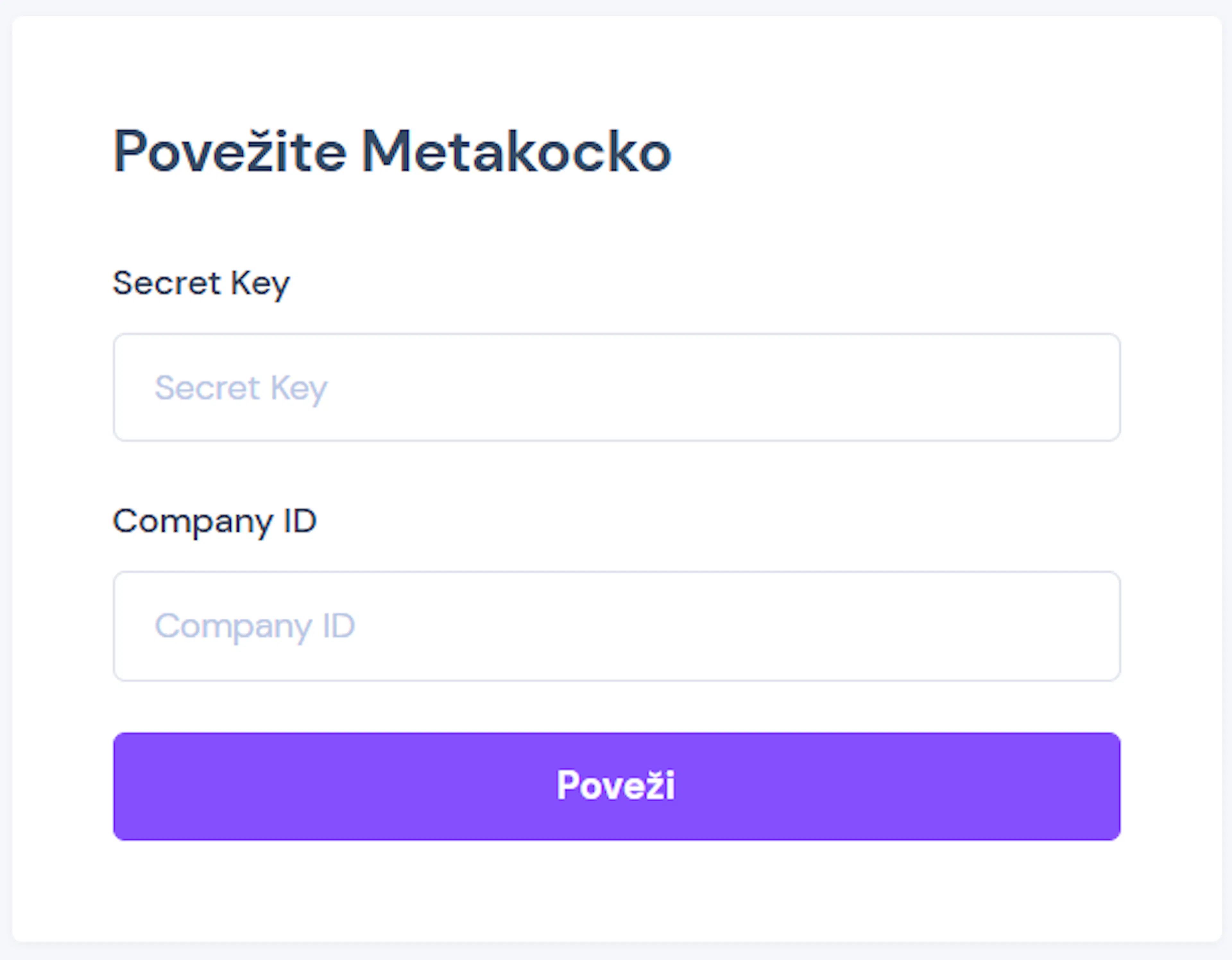 Obrazec v eHero za povezavo z Metakocko z vnosnima poljema Secret Key in Company ID.