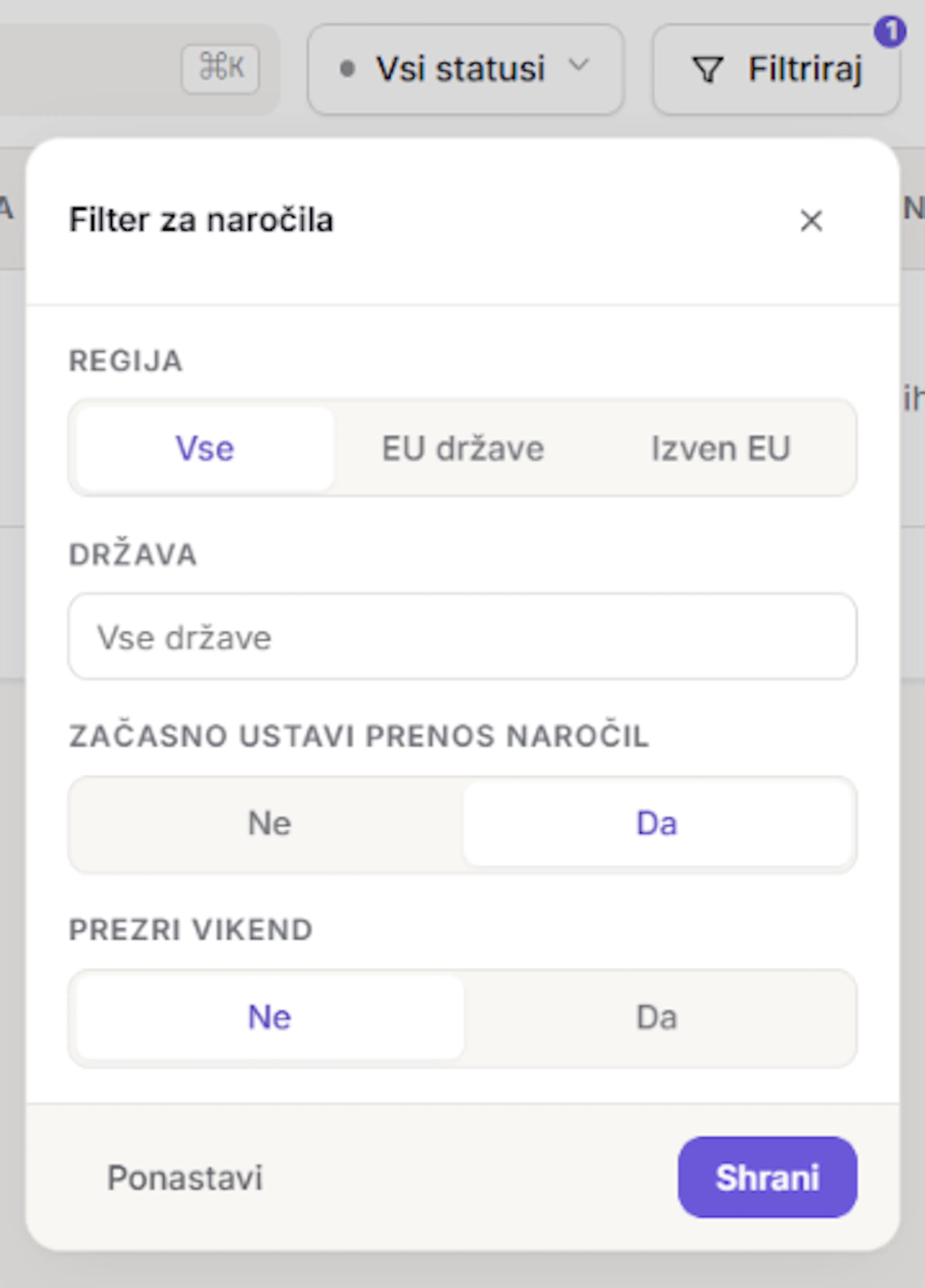 Filter Začasno ustavi prenos naročil v nastavitvah povezave Metakocka