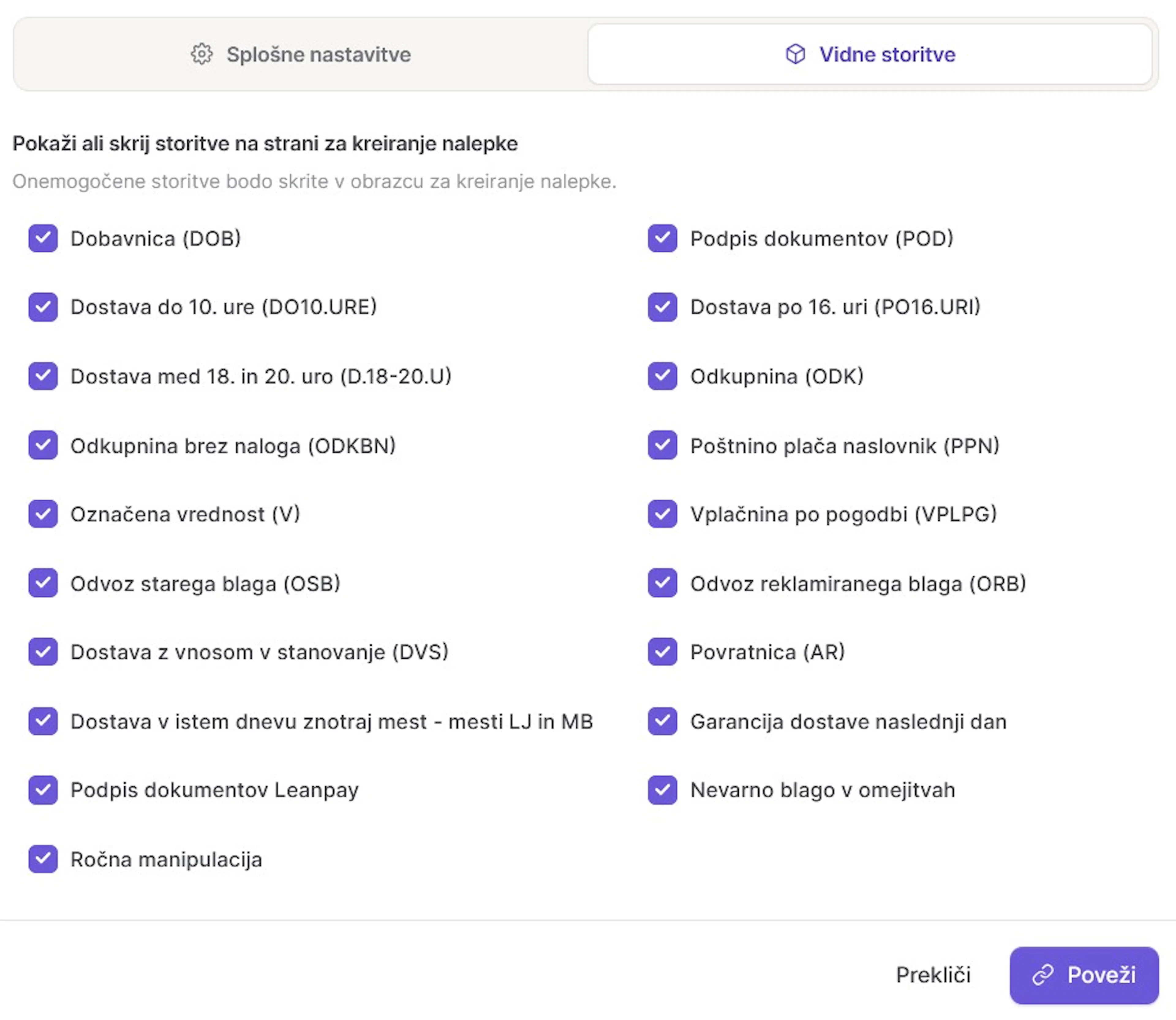 Zavihek Vidne storitve v nastavitvah eSpremnica v eHero, kjer uporabnik izbere, katere storitve Pošte Slovenije bodo prikazane pri ustvarjanju nalepke.