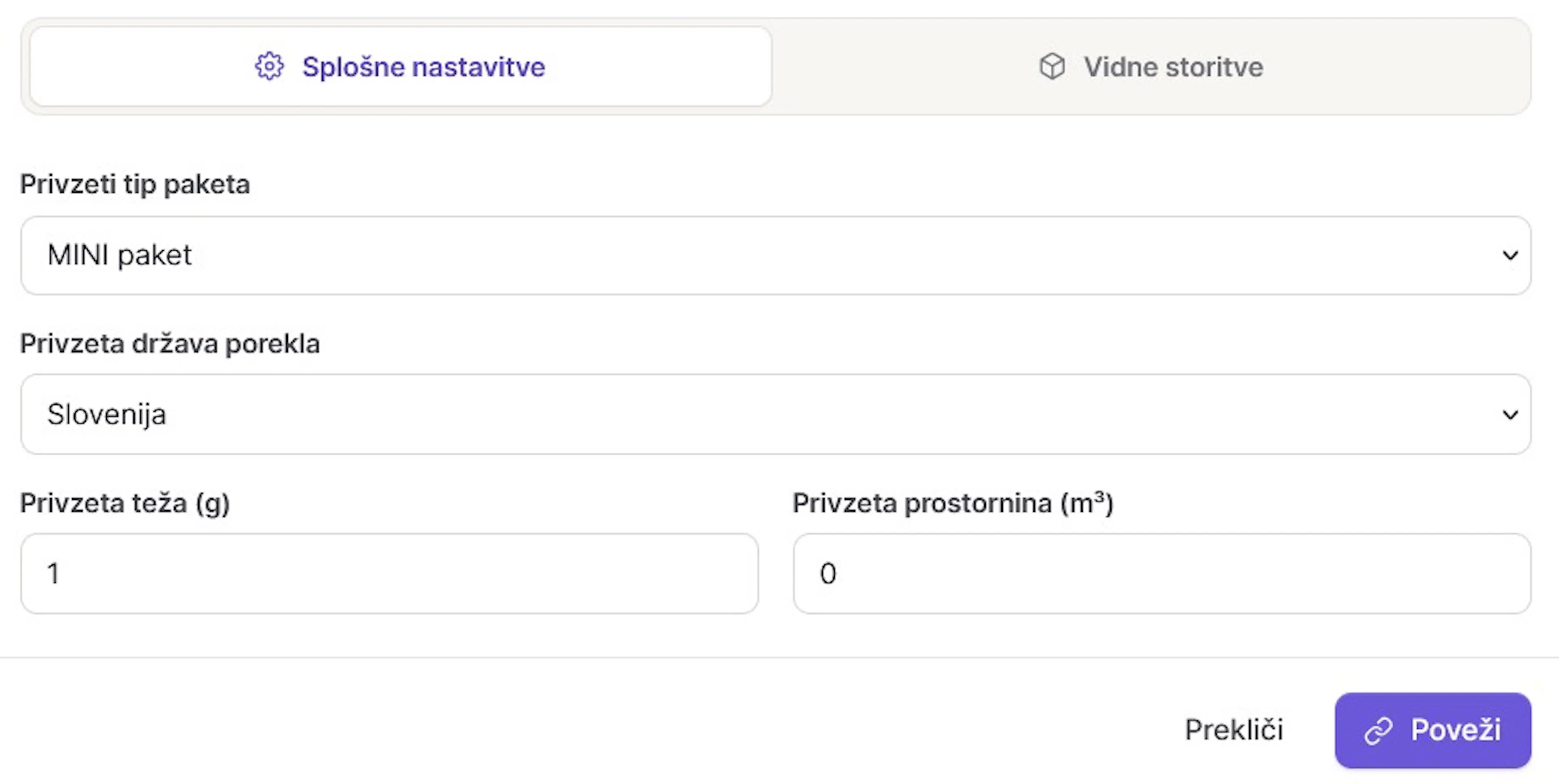 Zavihek Splošne nastavitve v nastavitvah eSpremnica v eHero, kjer uporabnik nastavi privzeto vrsto pošiljke, državo izvora, težo in prostornino pošiljke.