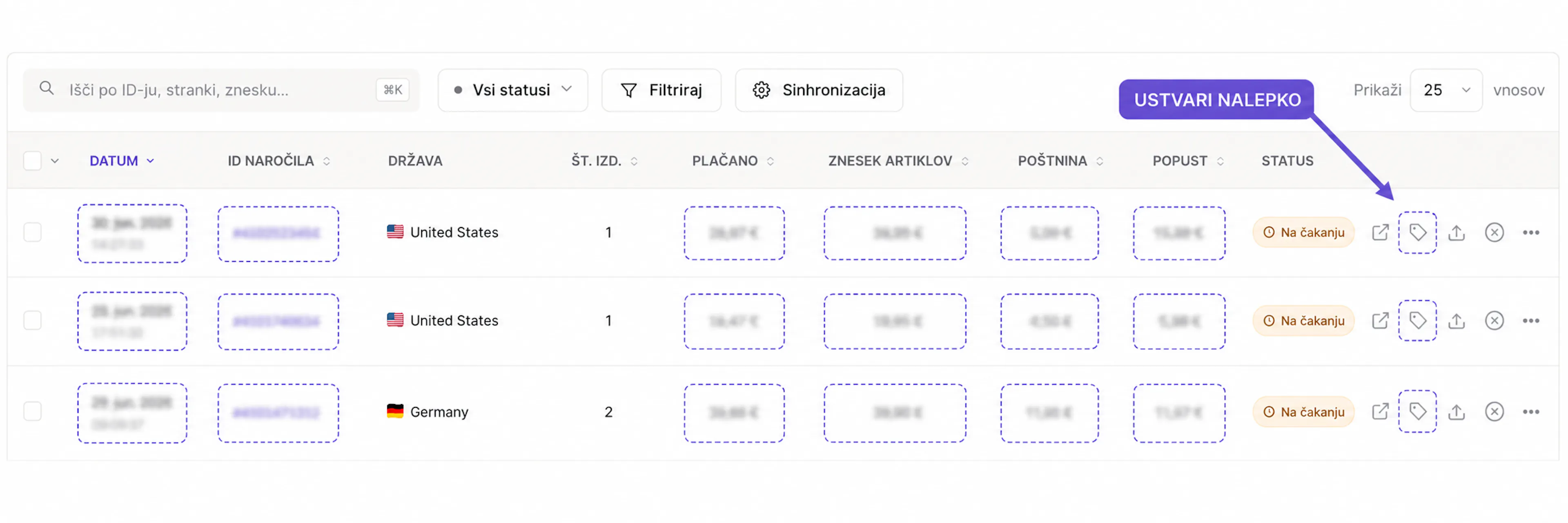Seznam naročil v eHero z namigom »Ustvari nalepko« pri izbranem naročilu v stolpcu Status.