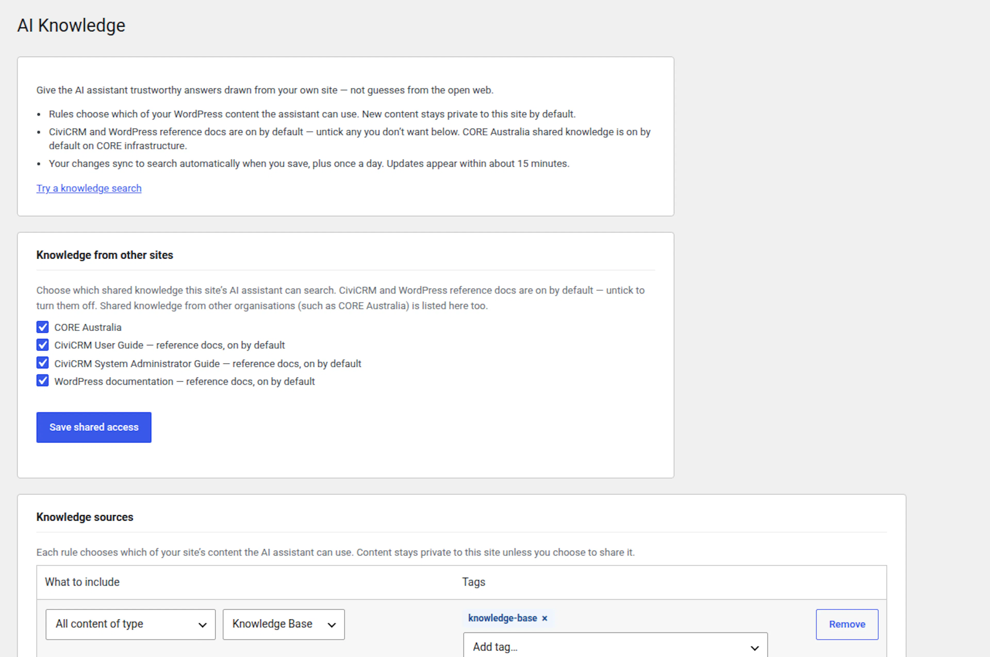 CORE AI Knowledge settings page where site operators configure shared knowledge access and which content the assistant can use