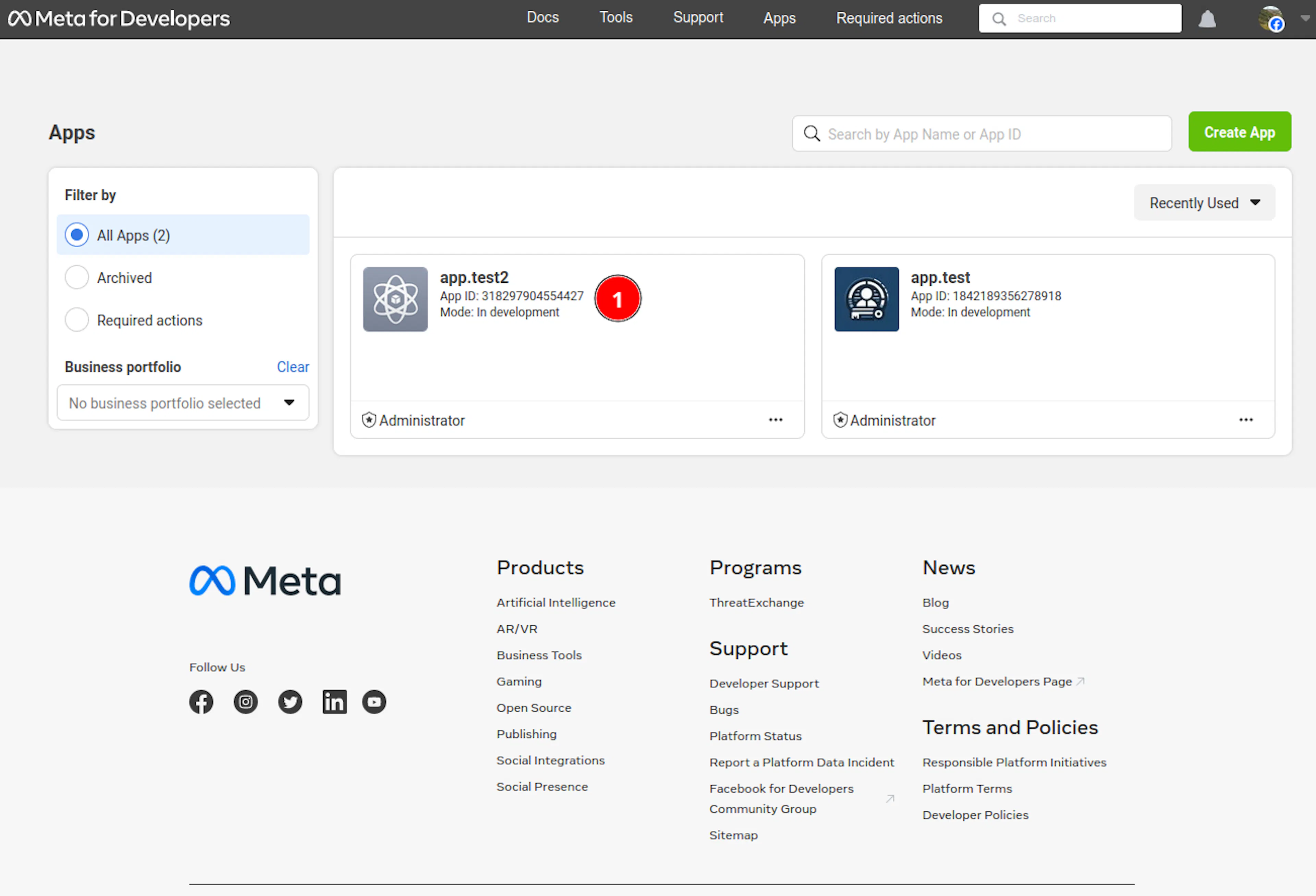 Facebook developers dashboard — app selection