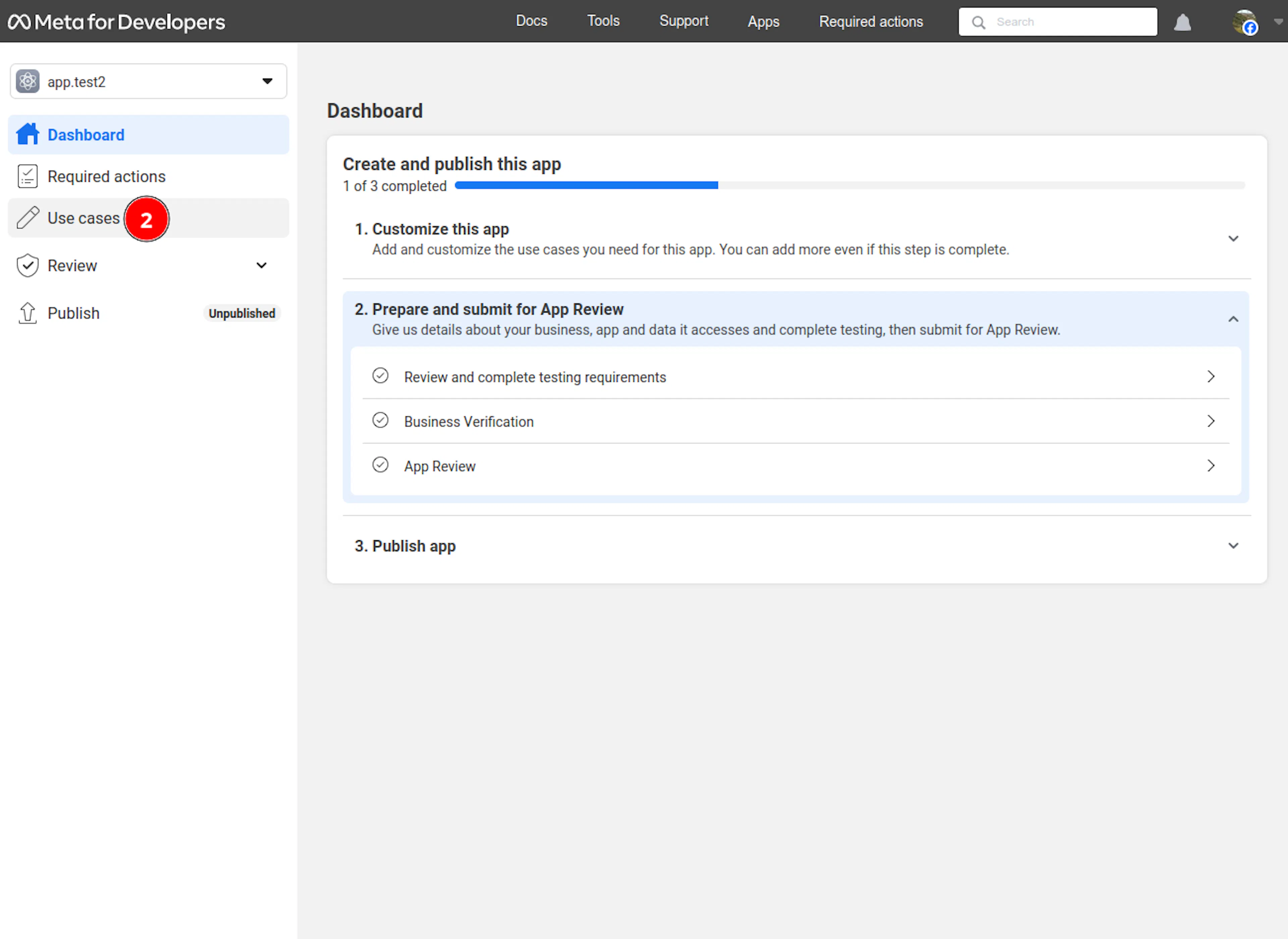 Use cases section in Facebook developers dashboard