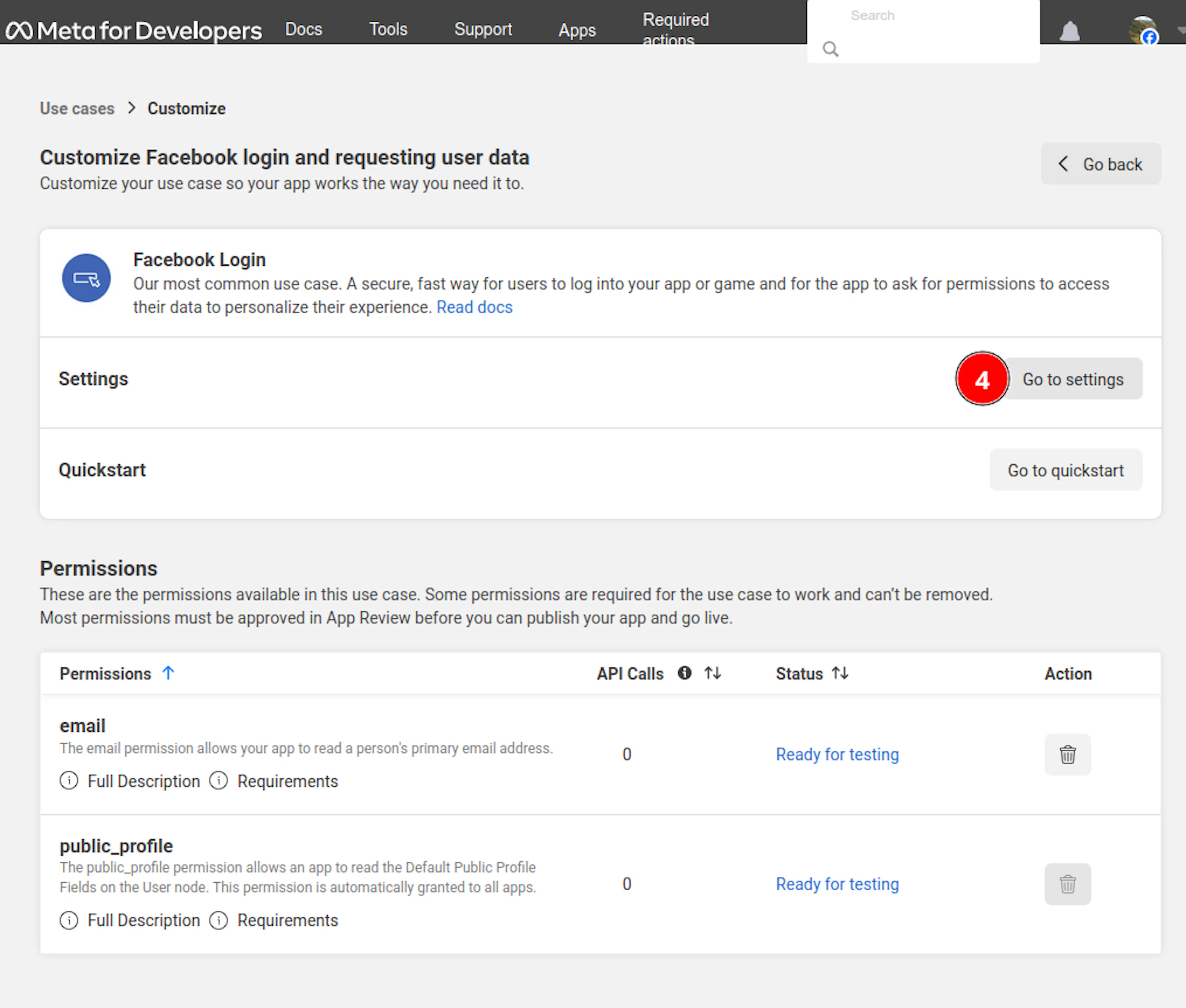 Facebook Login — Settings page