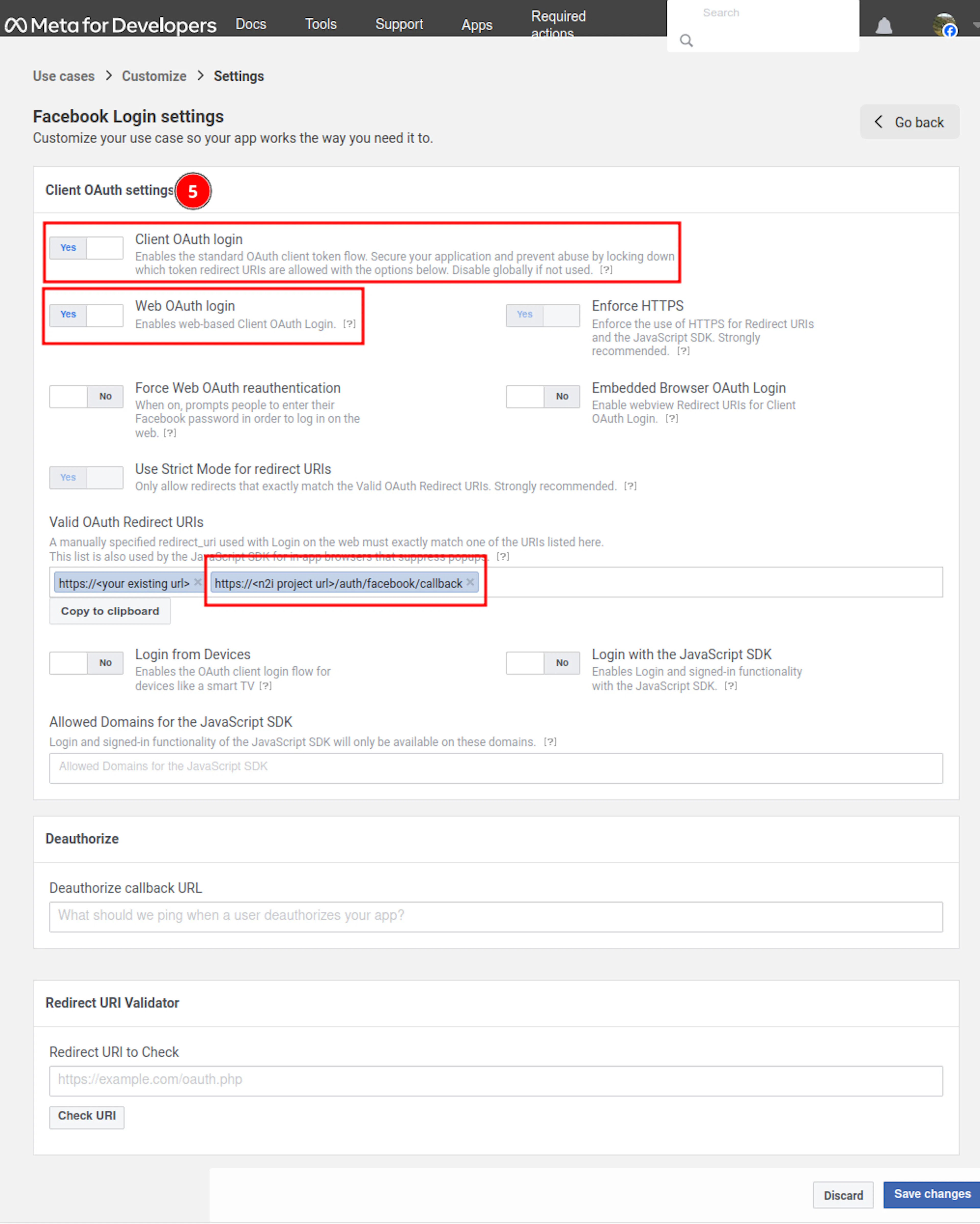Client OAuth settings — adding the N2I redirect URI