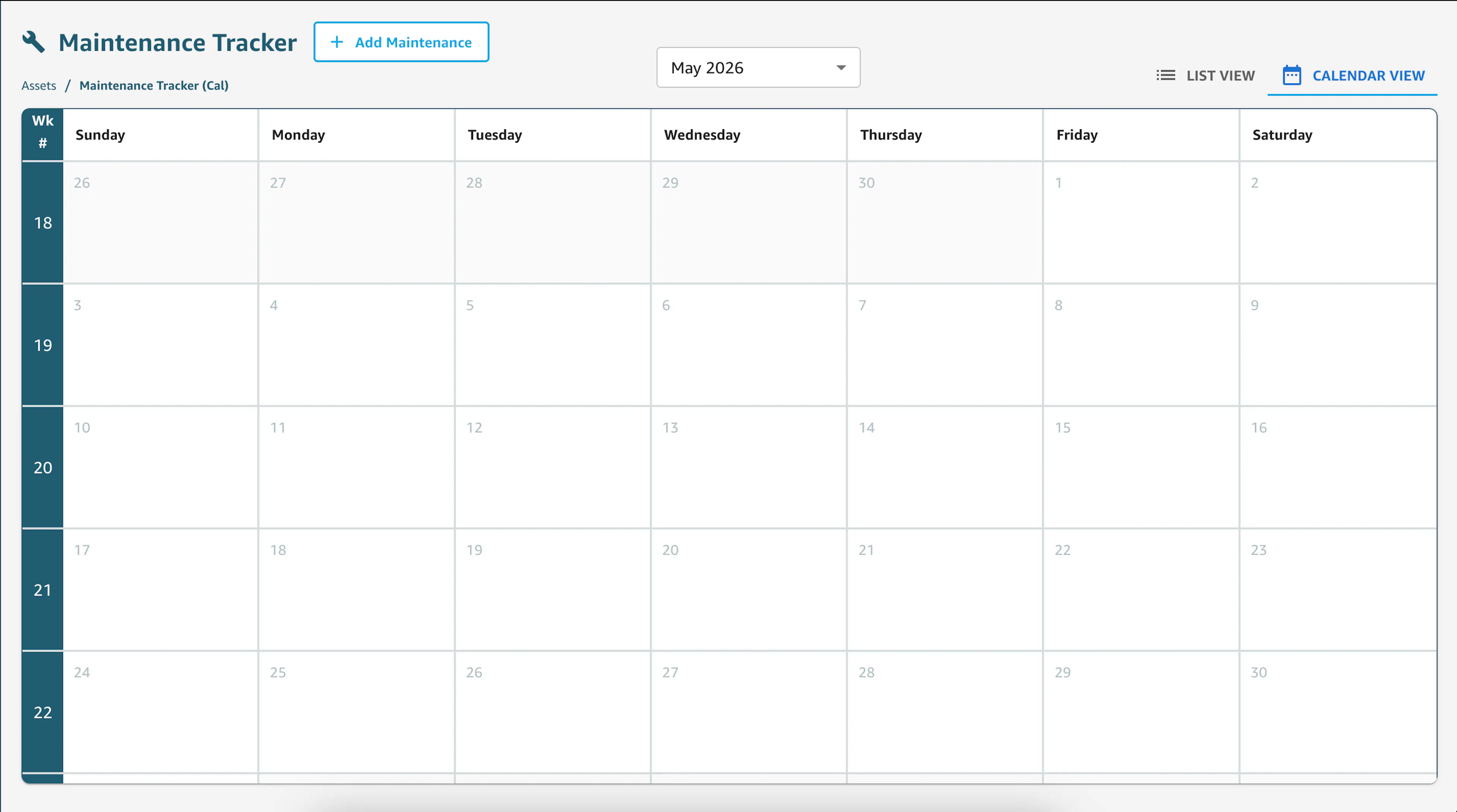 Maintenance Tracker view