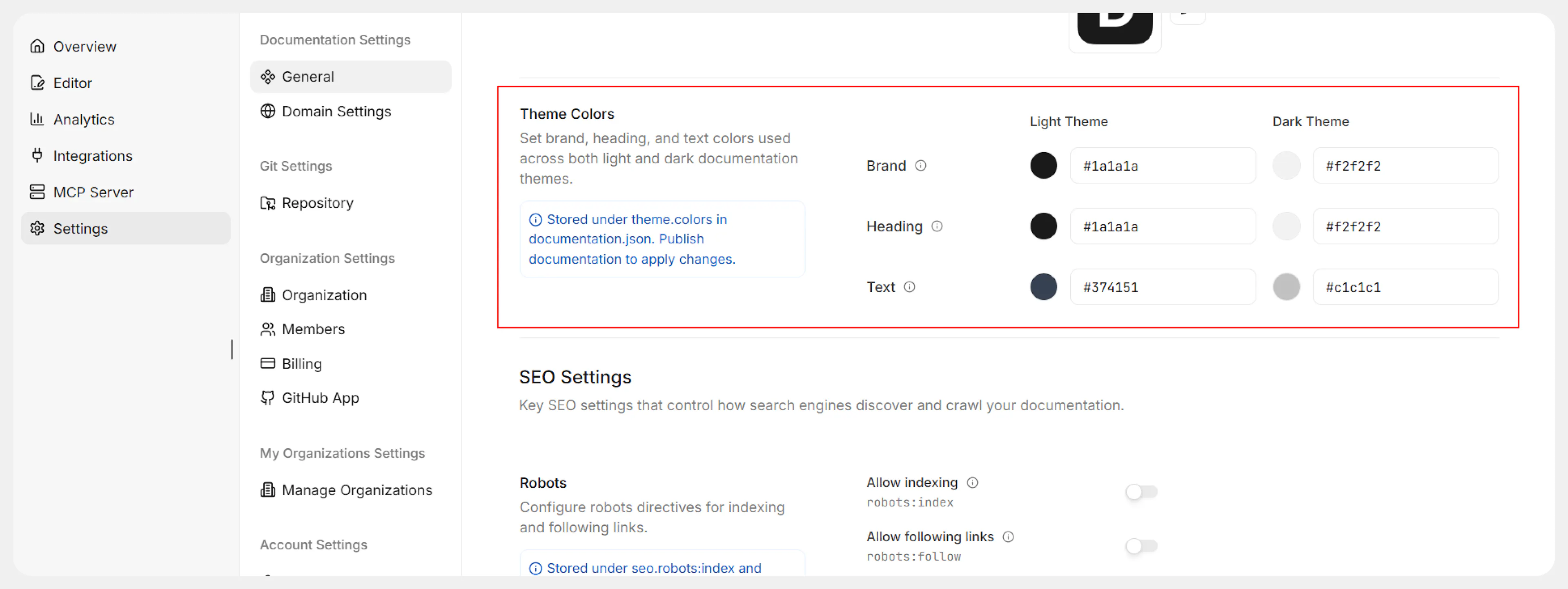 Theme Colors section in Documentation.AI Site Config with light and dark theme color options