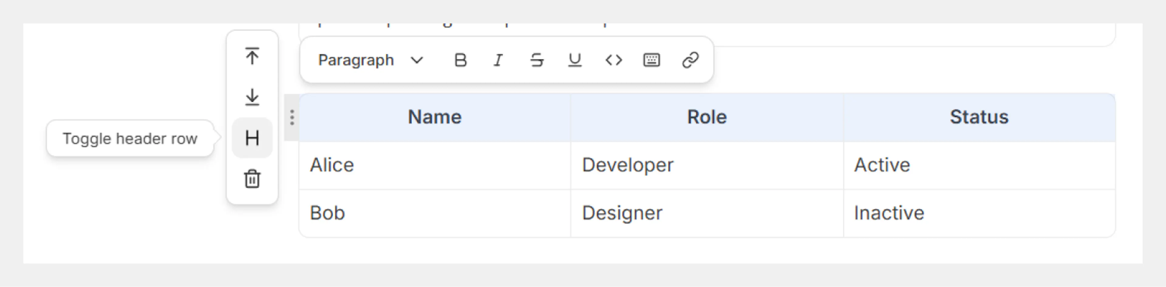 Row controls for a table in the Web Editor