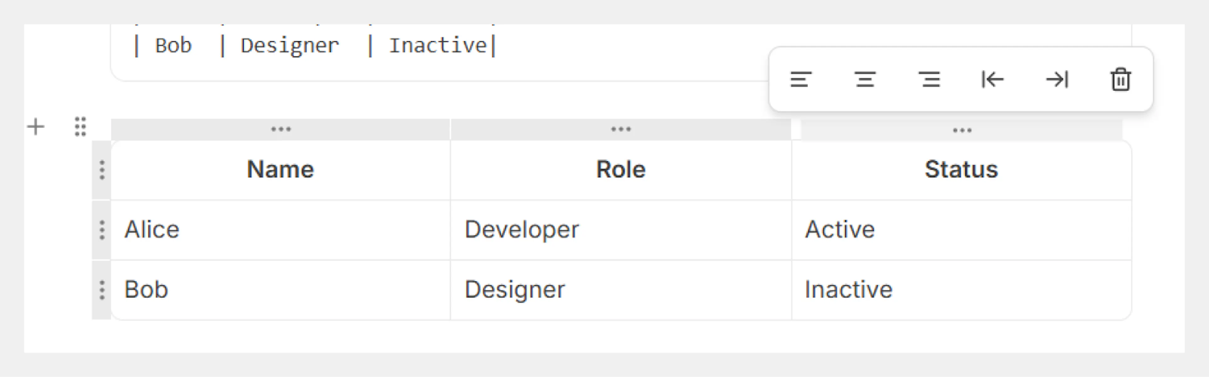 Column controls for a table in the Web Editor
