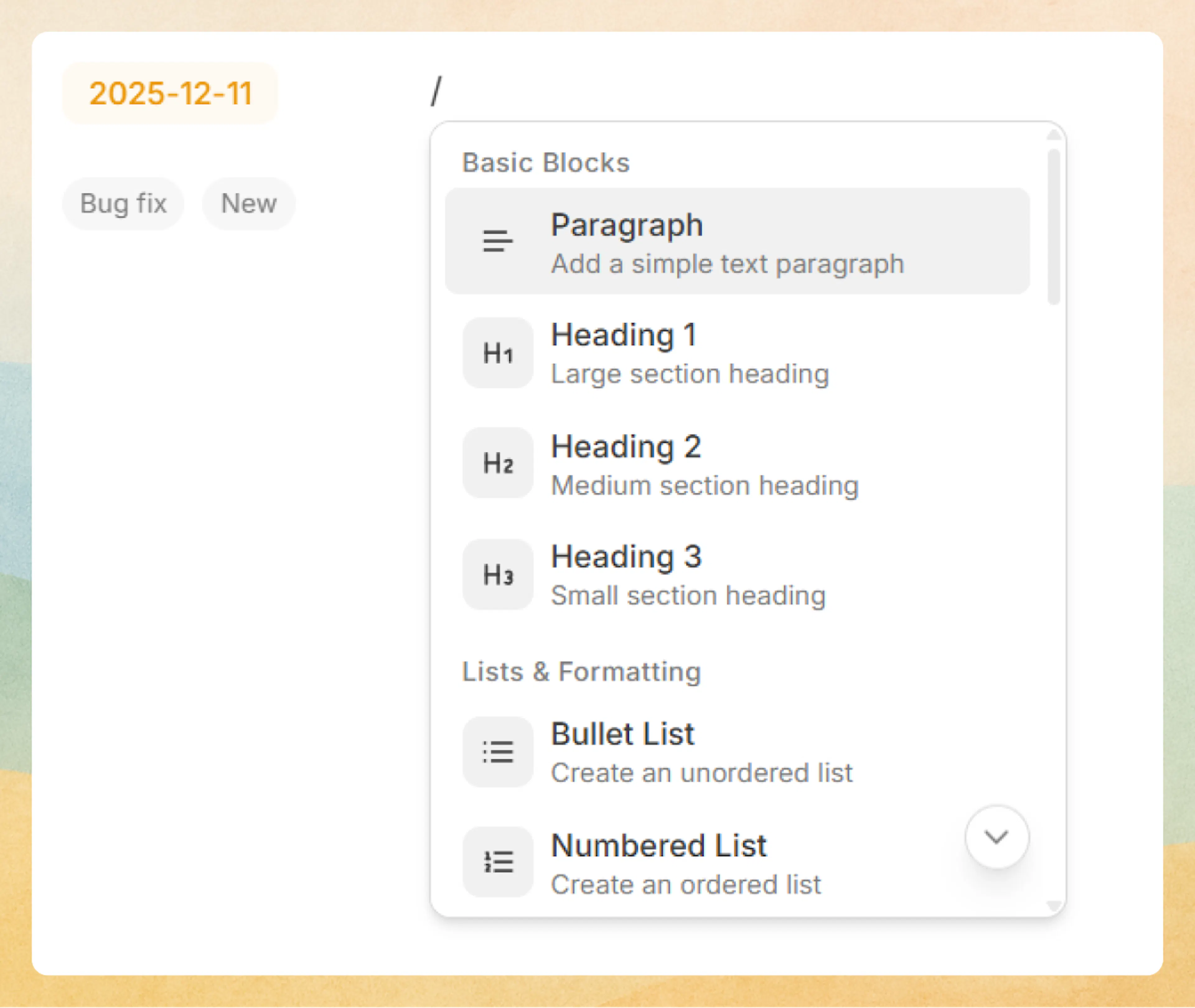 Update block with rich content including text and lists in the Web Editor