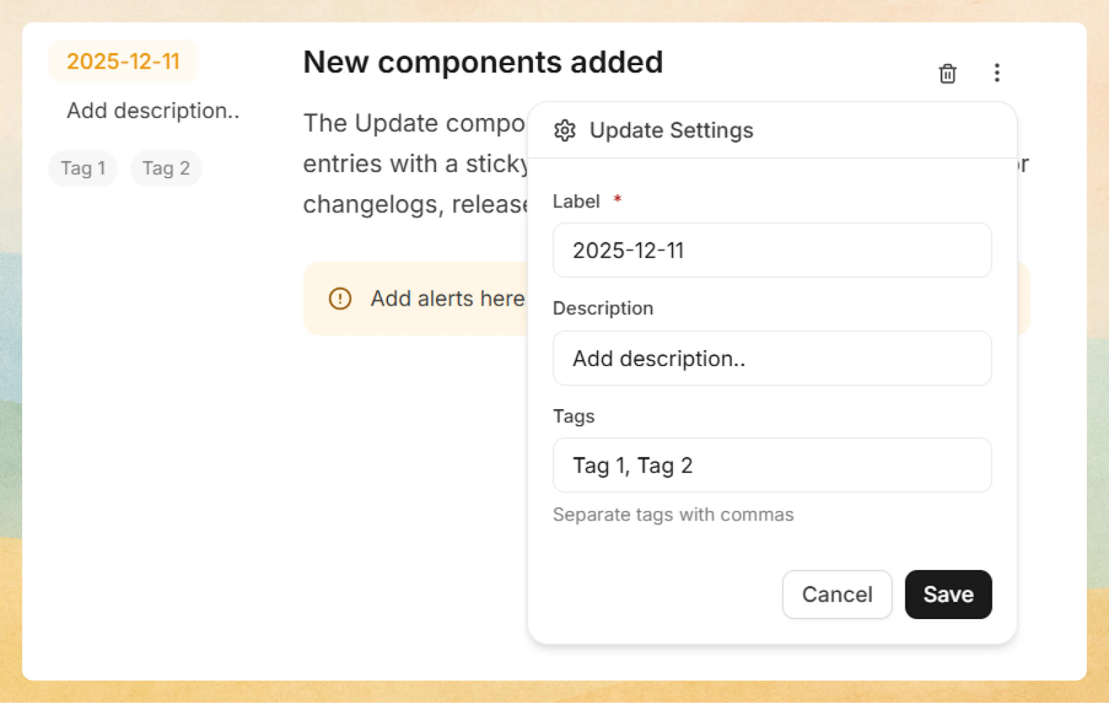 Update Settings panel with label, description, and tags fields