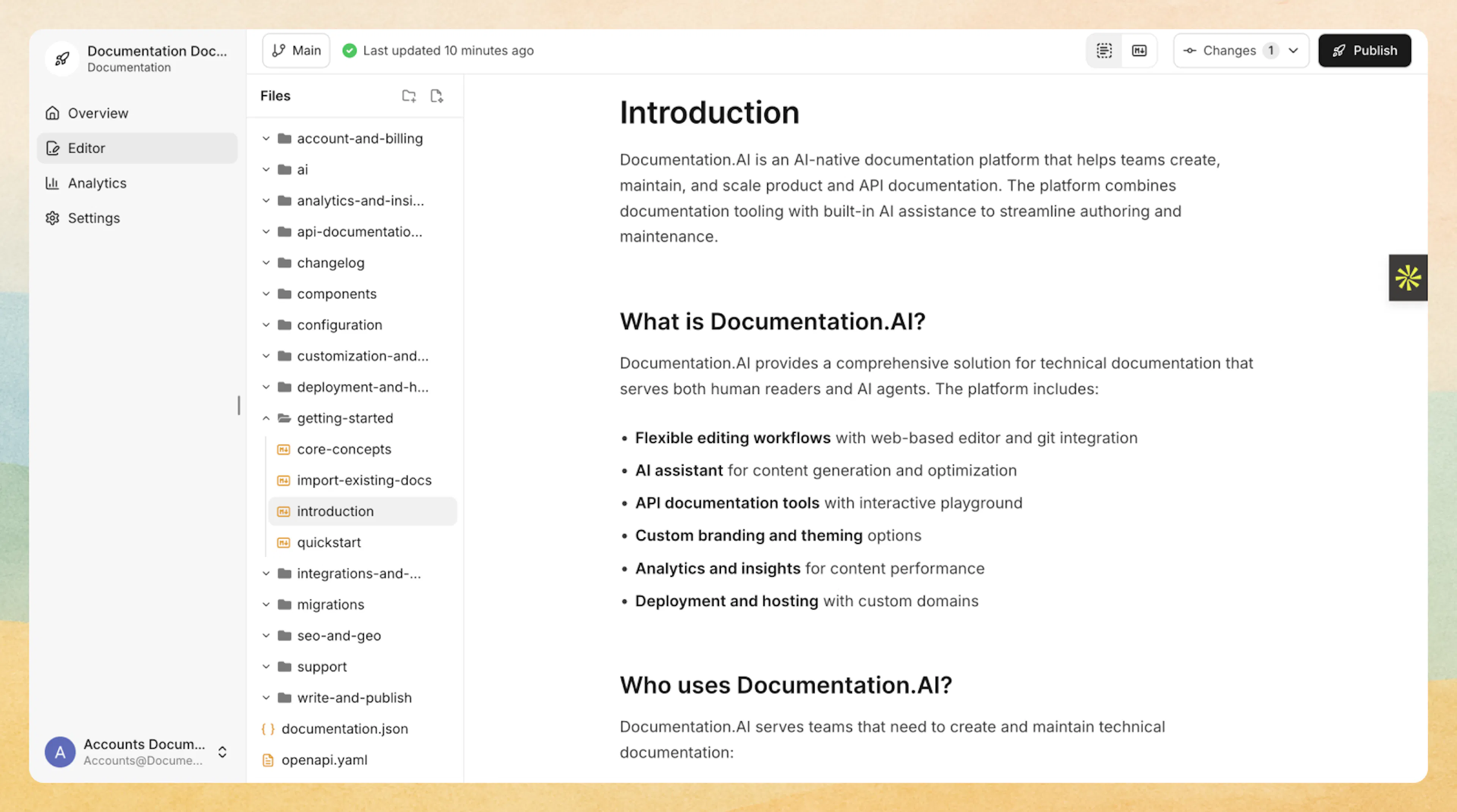 Screenshot of Documentation.AI web editor in visual mode showing the block-based interface with content blocks and formatting toolbar