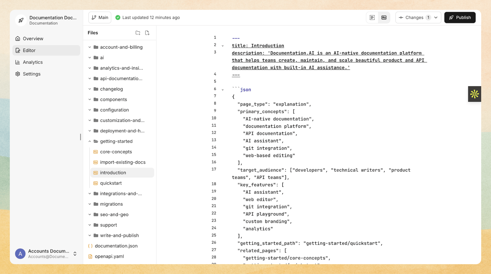 Screenshot of Documentation.AI web editor in markdown mode showing the raw MDX code with syntax