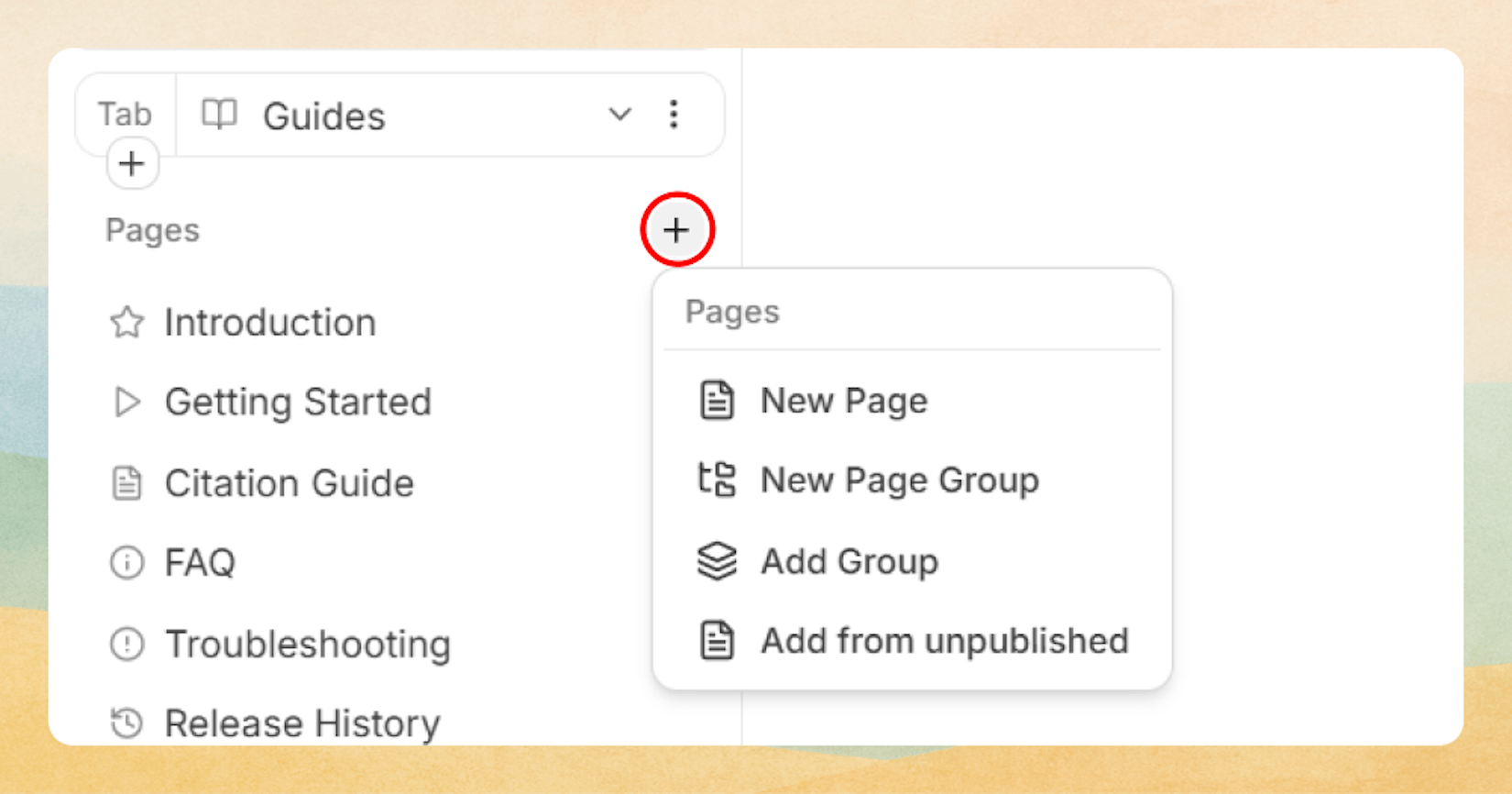 Adding a new page from sidebar, if no groups exist