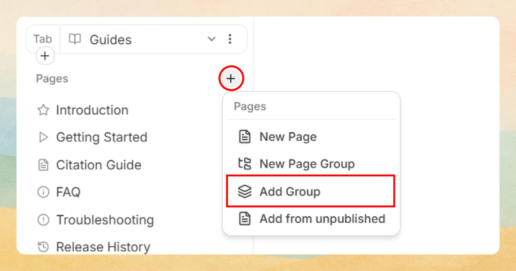 Adding a new group in web editor, if no groups exist (only pages)