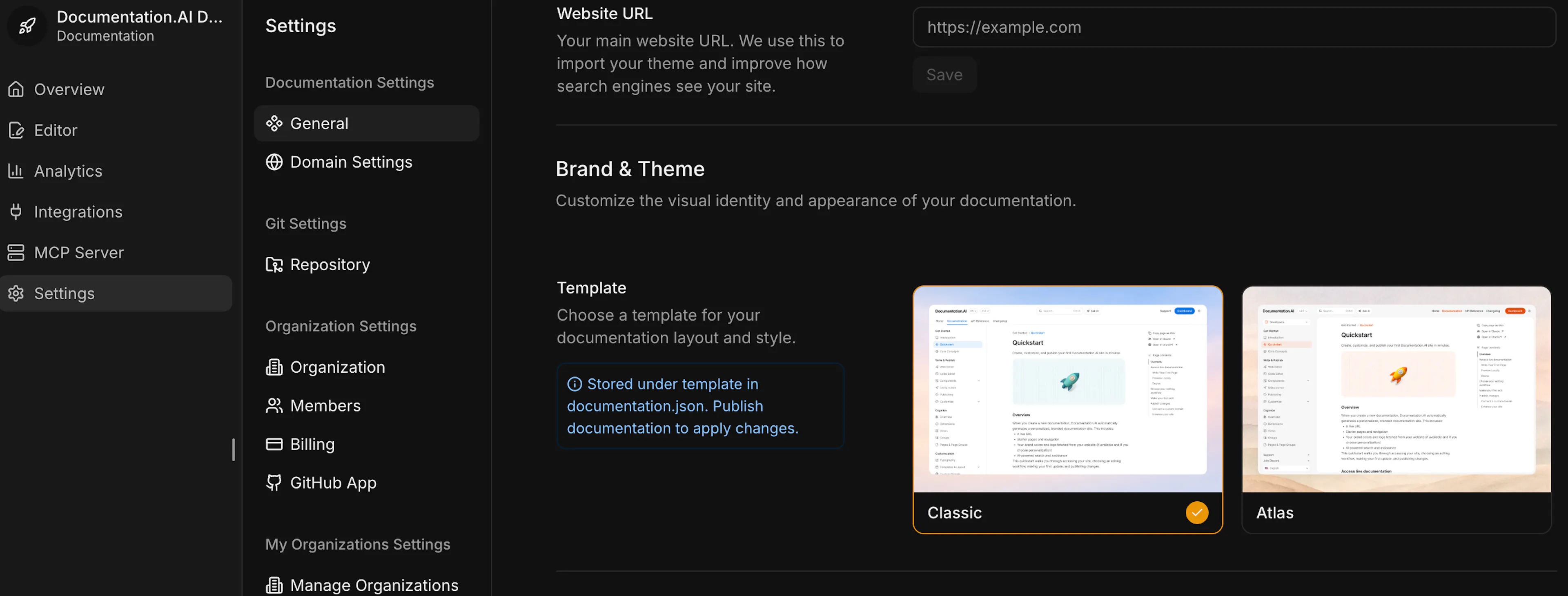 Template selection interface in Documentation.AI Brand & Theme settings