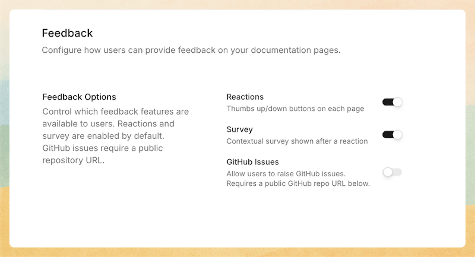 Feedback configuration in Site Config showing follow-up survey options for thumbs up and thumbs down reactions